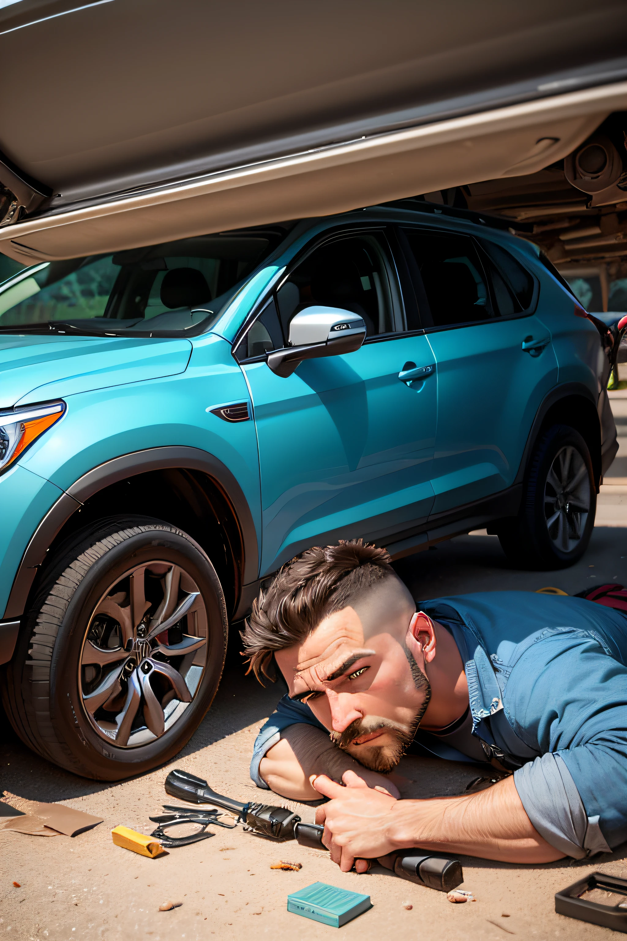 Generate a humorous illustration showing someone trying to start a car while a man is lying underneath the car with tools. Be sure to express the confusion and absurdity of the situation.