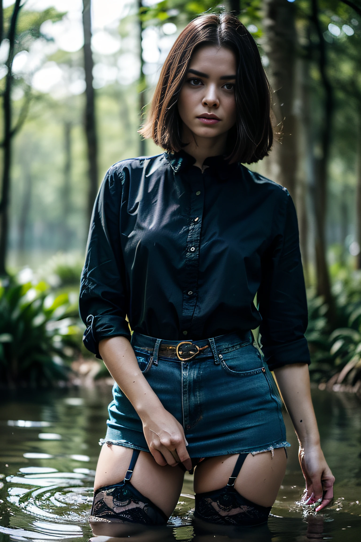 "(Best Quality,hight resolution:1.2),The woman,(masochism:1.3),Expressive wrinkles,Bob haircut,jeans skirt,blouse,dark lace stockings with garters, ( drowning in a swamp:1.2),Detailed eyes and face,expression of despair,Dark and moody lighting,ominous vibe, death"