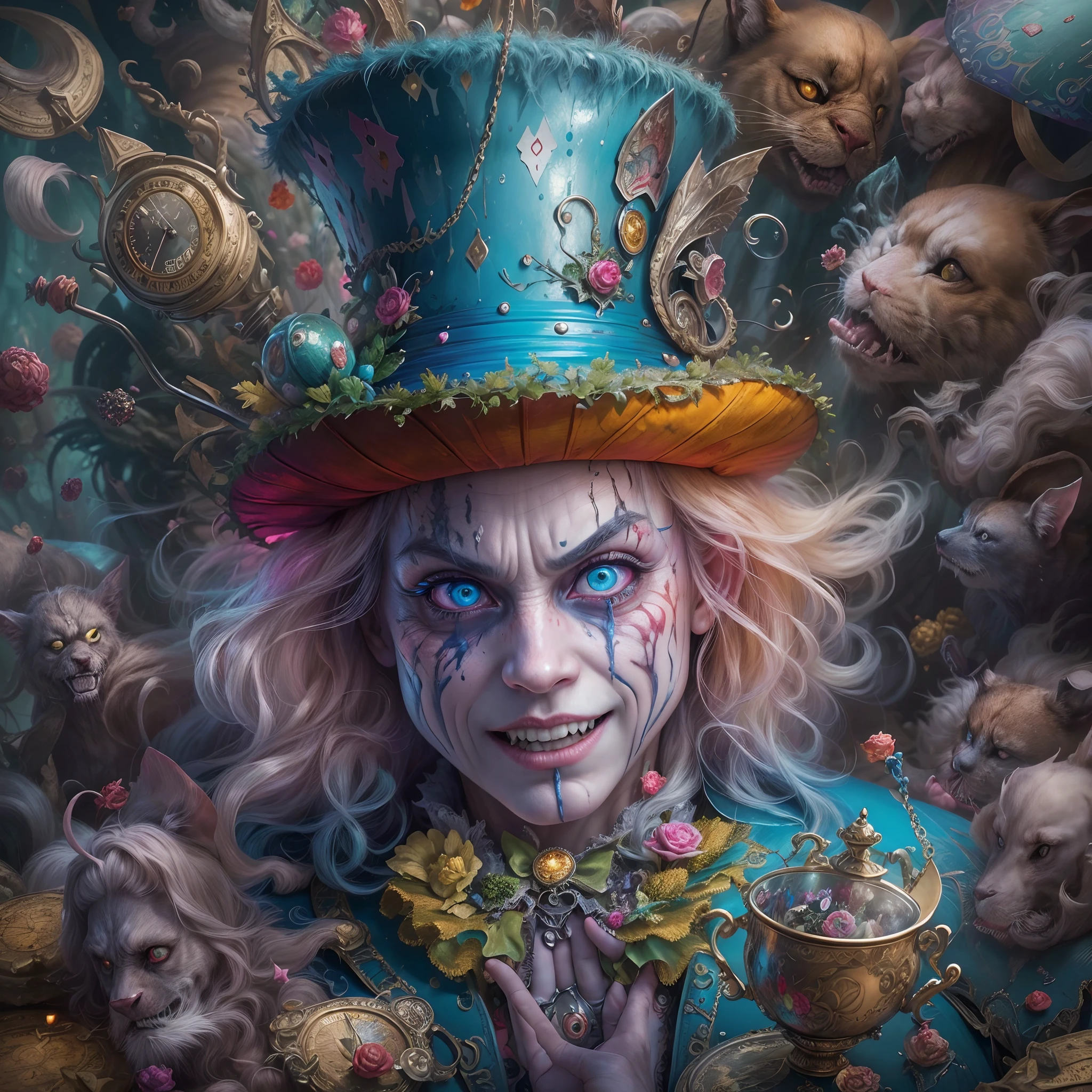 (Best quality,4K,8K,A high resolution,Masterpiece:1.2),Ultra-detailed,(Realistic,Photorealistic,photo-realistic:1.37),alice in the wonderland,psychotic,Angry Mad Hatter,illustration,Oil painting,Chaotic environment,enchantedgarden,fantastical creature,Vibrant colors,hard lighting.