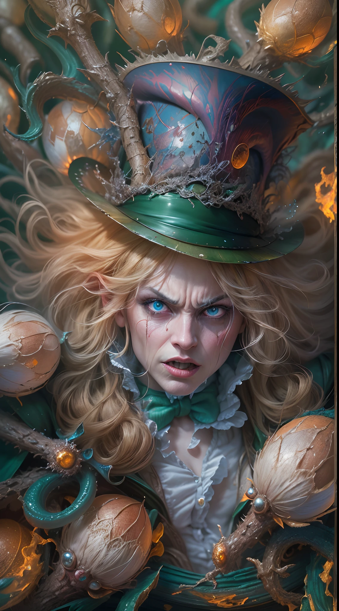 (Best quality,4K,8K,A high resolution,Masterpiece:1.2),Ultra-detailed,(Realistic,Photorealistic,photo-realistic:1.37),alice in the wonderland,psychotic,Angry Mad Hatter,illustration,Oil painting,Chaotic environment,enchantedgarden,fantastical creature,Vibrant colors,hard lighting.
