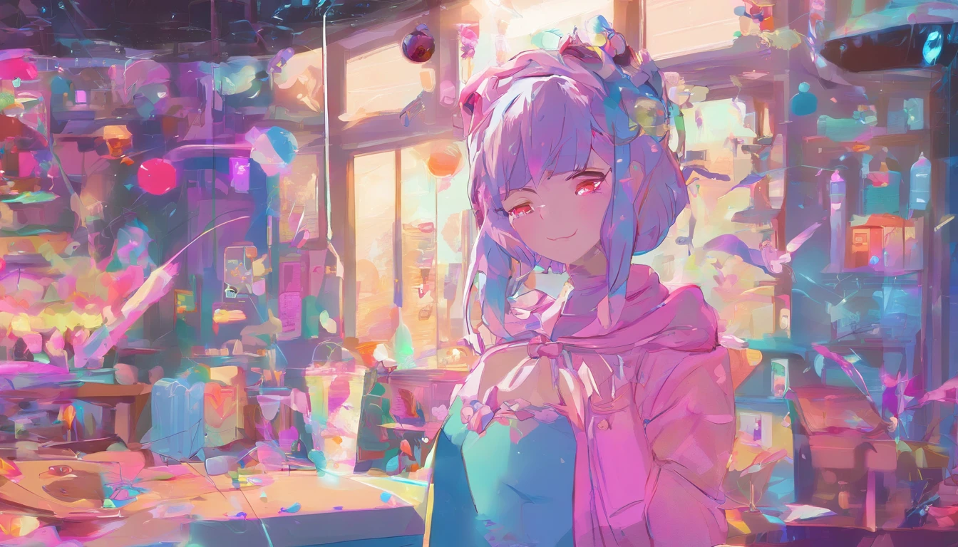 em um quarto repleto de doces, ((estilo anime)), cores vivas neon , uma garota estilo desenho anime , a delicate facial features ,cabelos de cores de doce ,com roupas bem destacada ,alta resolução,