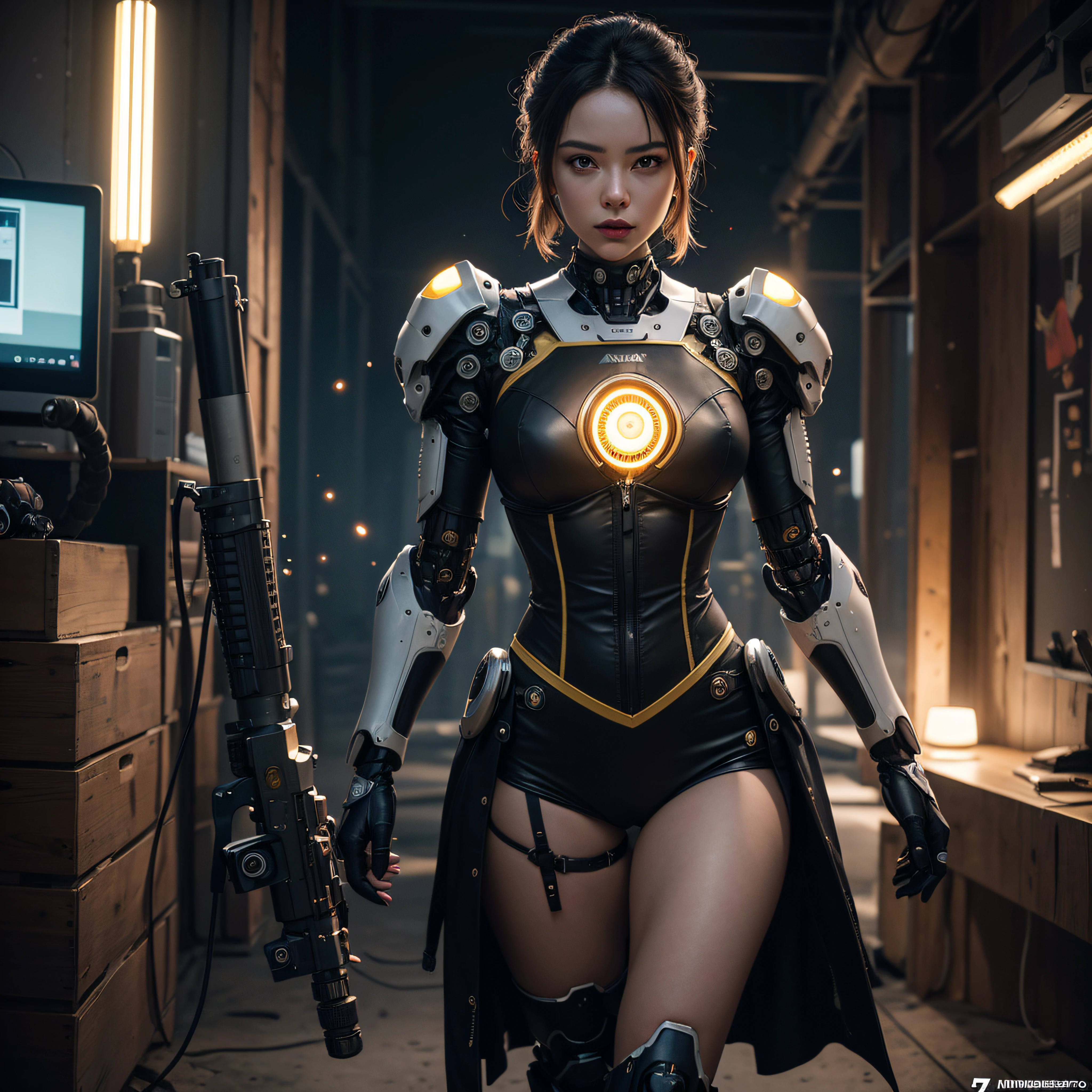 ((calidad superior)), ((obra maestra)), ((realista)), (Los detalles), (fotorrealista:1.5), (sexy geisha with red lips) Science-Fiction, HDR, Trazado de rayos, NVIDIA RTX, Los ultra-Highres, Irreal 5, Sub-Surface Scatterring, PBR texturizado, Post-procesamiento, Anisotropic filtering, Profundidad de campos, maximum sharpness and sharpness, Regla de los tercios、8K RAW、(Luminescent Particles:1.4)、(super-detailed CG、Unidad 8k Fondos de pantalla、lighting like a movie、destello de lente、foco nítido.  sexy geisha with red lips, Robotic Parts, Cannon fire, Arte cyberpunk、arquitectura cyberpunk