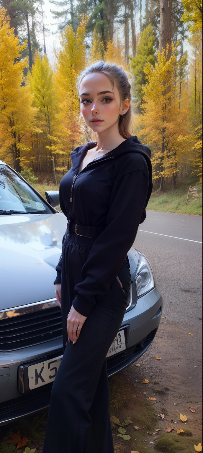 handsome girl, in the woods, Autumn girl at the car, super quality,4k quality, foto realista, Hair gathered