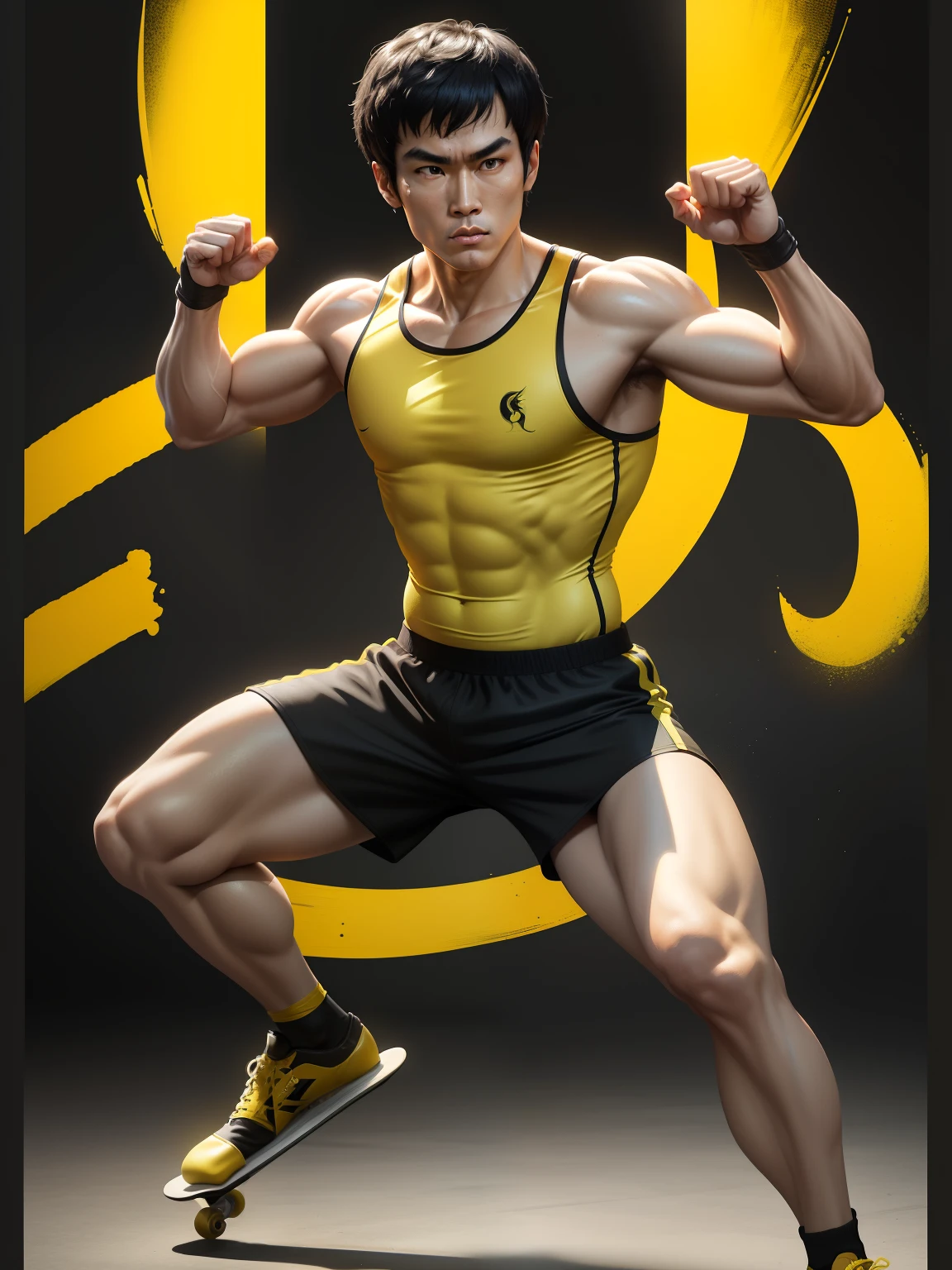 Bruce Lee poster,Highlight moments,Bruce lee. Bruce lee, full bodyesbian, Poster of fighting pose,Wear yellow tights,Wear one-piece training clothes,Black skateboard shoes, Downtown street,Battle city style,(Vintage style),pop, (Movie lighting),(light and shadow effect),(rendering by octane),(Layer effects),(8K, Best quality, Masterpiece:1.2),(Best quality:1.0), (超高分辨率:1.0)
