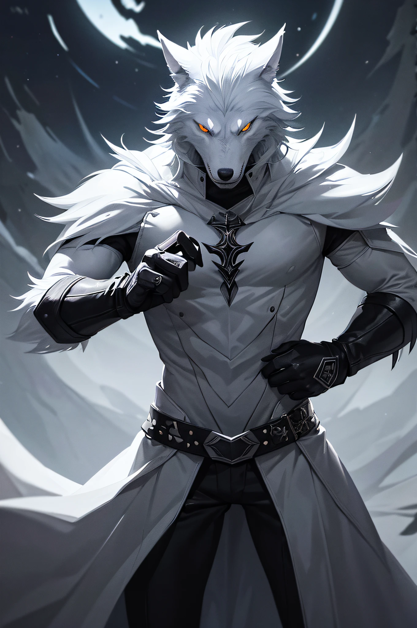A white werewolf wearing a leather suit holding his great black two-handed sword, Finding yourself in a place full of darkness with no light at all, There's no being of the stars that are in the dark sky.
