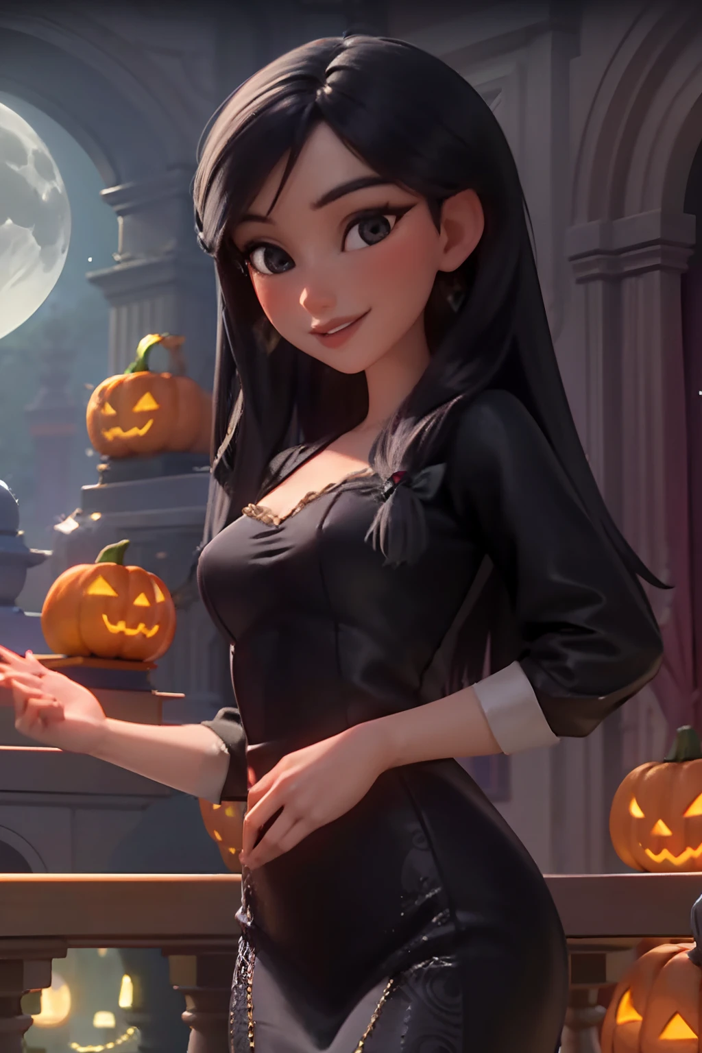 portrait, looking at viewer, smile, parted lips,
1girl, solo, floral pattern dress , velvet gown, medium breasts, jewelry,
outdoors, courtyard,
volumetric lighting, masterpiece, best quality,White style of a Disney Pixar cartoon, lavender wavy hair, grey eyes, black silk dress dancing infront of a historic haunted mansion , digital illustration, high resolution, pumpkins , halloween pumkins,white ghosts flying around , ominous vibes,smoke, prism and glitter, full moon,magical