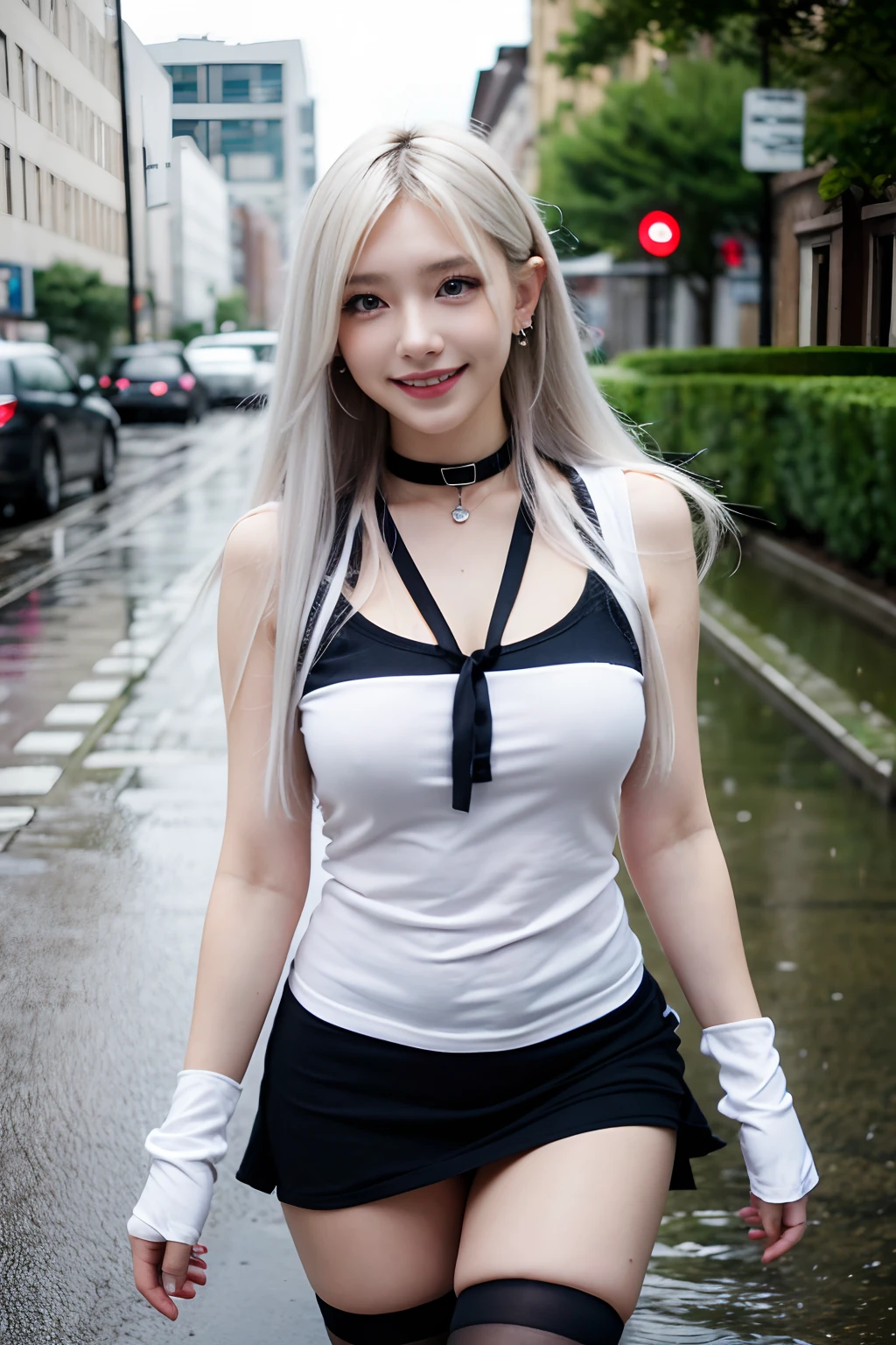 Masterpiece, Best quality, In the rain, In the cyberpunk city, Real, Photo, Huge_filesize, gyaru, tchibi, Long hair, White hair, Wet hair, Disheveled hair, sanimal ear fluff , Laughing, Blue eyes, Medium breasts, Sleeveless dress, white thighhighs, knee_Boots, ribbon_choker necklace, necklace, half gloves , Earrings, Turning around,