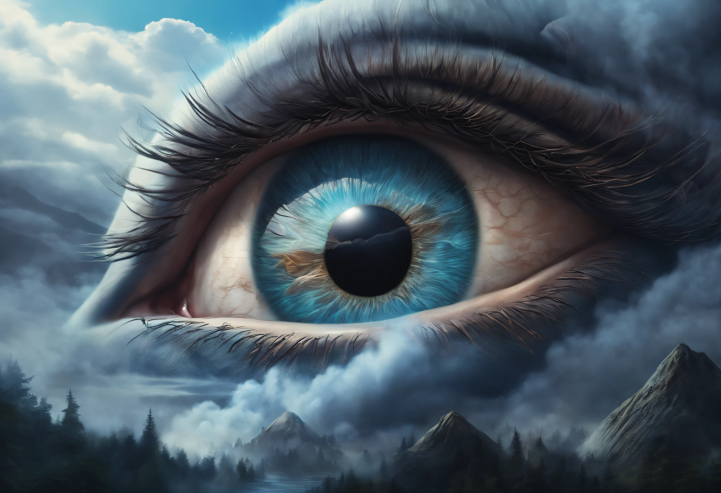 eye in the middle of a cloud of volcano smoke, Volcano erupting with eye on top, tons de azul, arte digital inspirada em Cyril Rolando, surrealismo, Portrait of a giant eye in the smoke of a volcano, mystic eye, nuvem de fumo com um olho, surrealismo