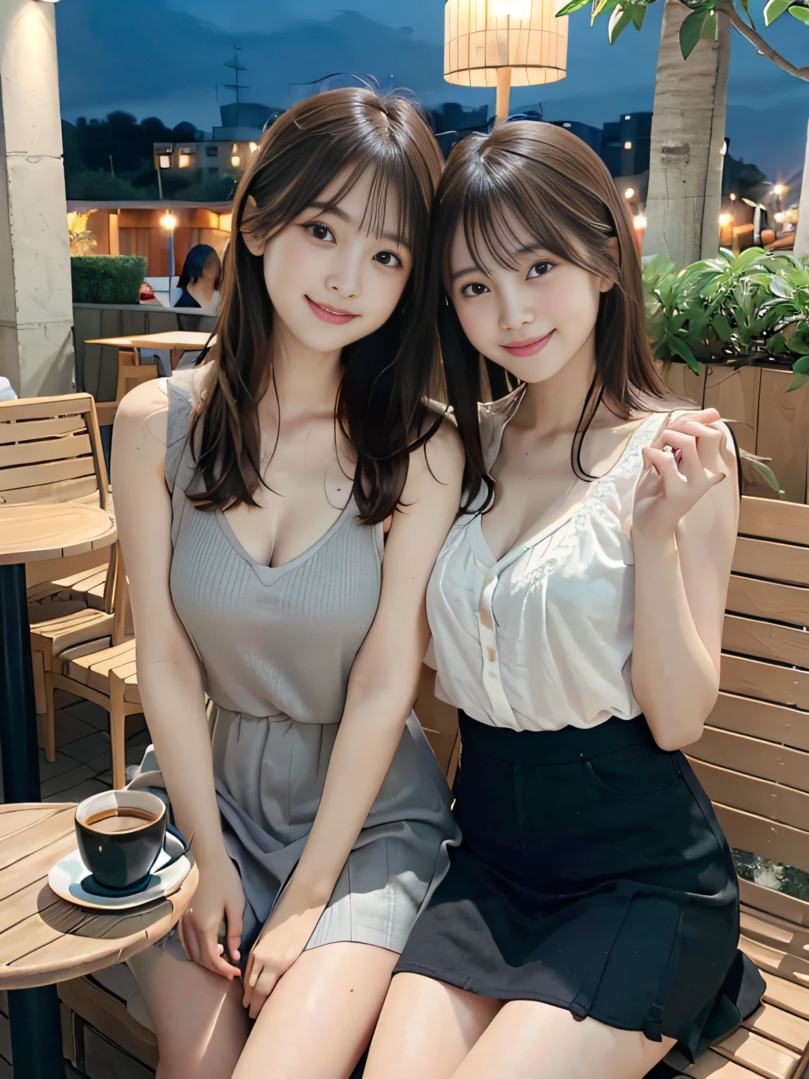 Minami Arimura、With two people、The cutest  in the world、Having a drink at the cafe、Smiling、Long hair straight、One of them has her hair tied up、The other one has bangs.、The two are wearing light blue and black lace dresses.
