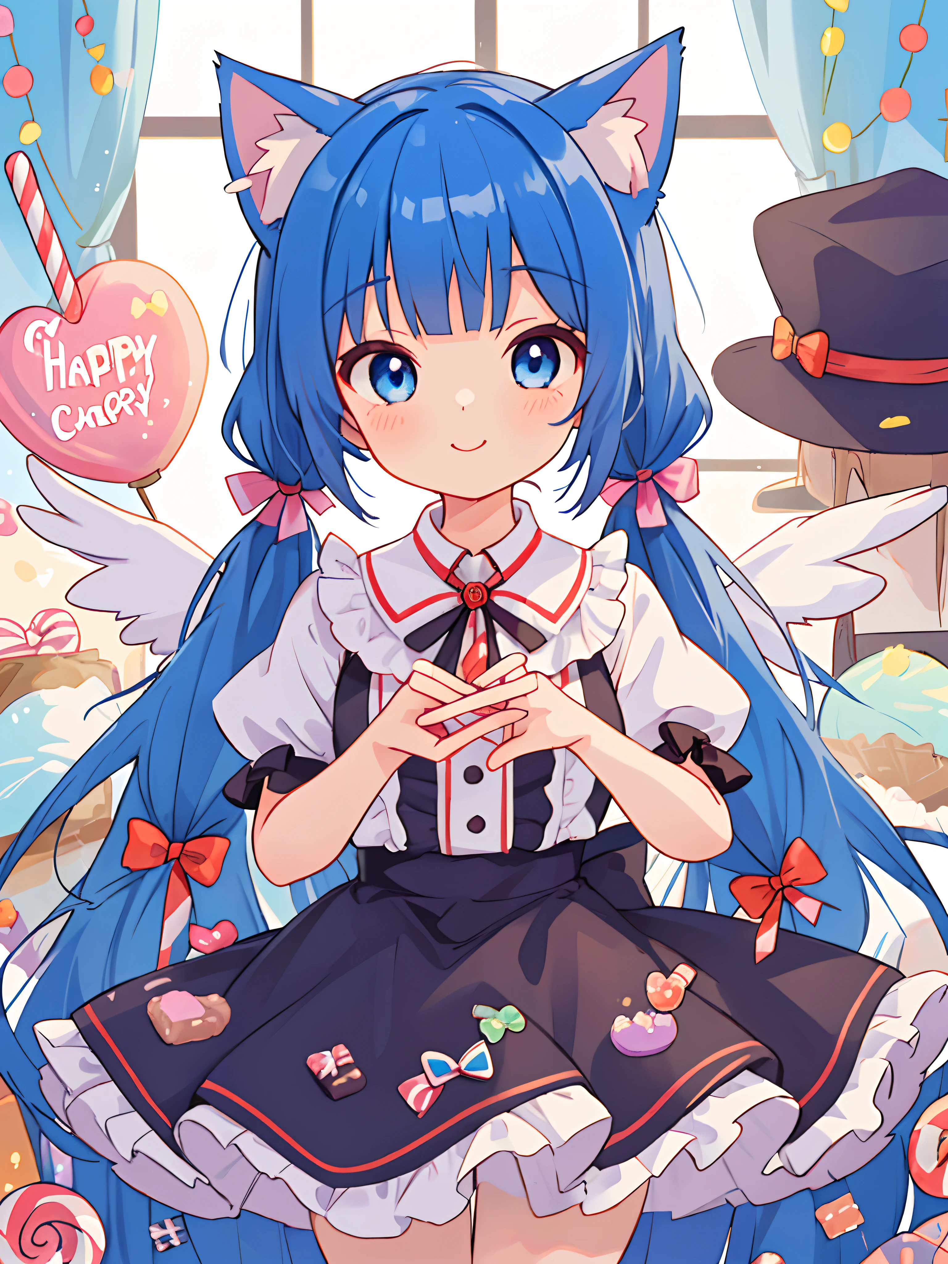 {UHD, vibrant colors, official art, girl, masterpiece, sharp focus, best quality, playful patterns}
{blue hair, twin tails, long hair, cat ears, fluffy hair in ears}
{ultra-detailed eyes, blue eyes, cheerful expression:1.5, rosy cheeks, bright curious eyes}
{adorable confectionery-themed costume that reflects the sweet and playful atmosphere of the factory, ta fashion, cute confectionery outfit resembling a mix of candy wrappers}
{White wings:1.5}
BREAK
{candy factory in preparation for Halloween, oversized candy canes, lollipops, swirling candy floss machines}
{nice hands, perfect hands}