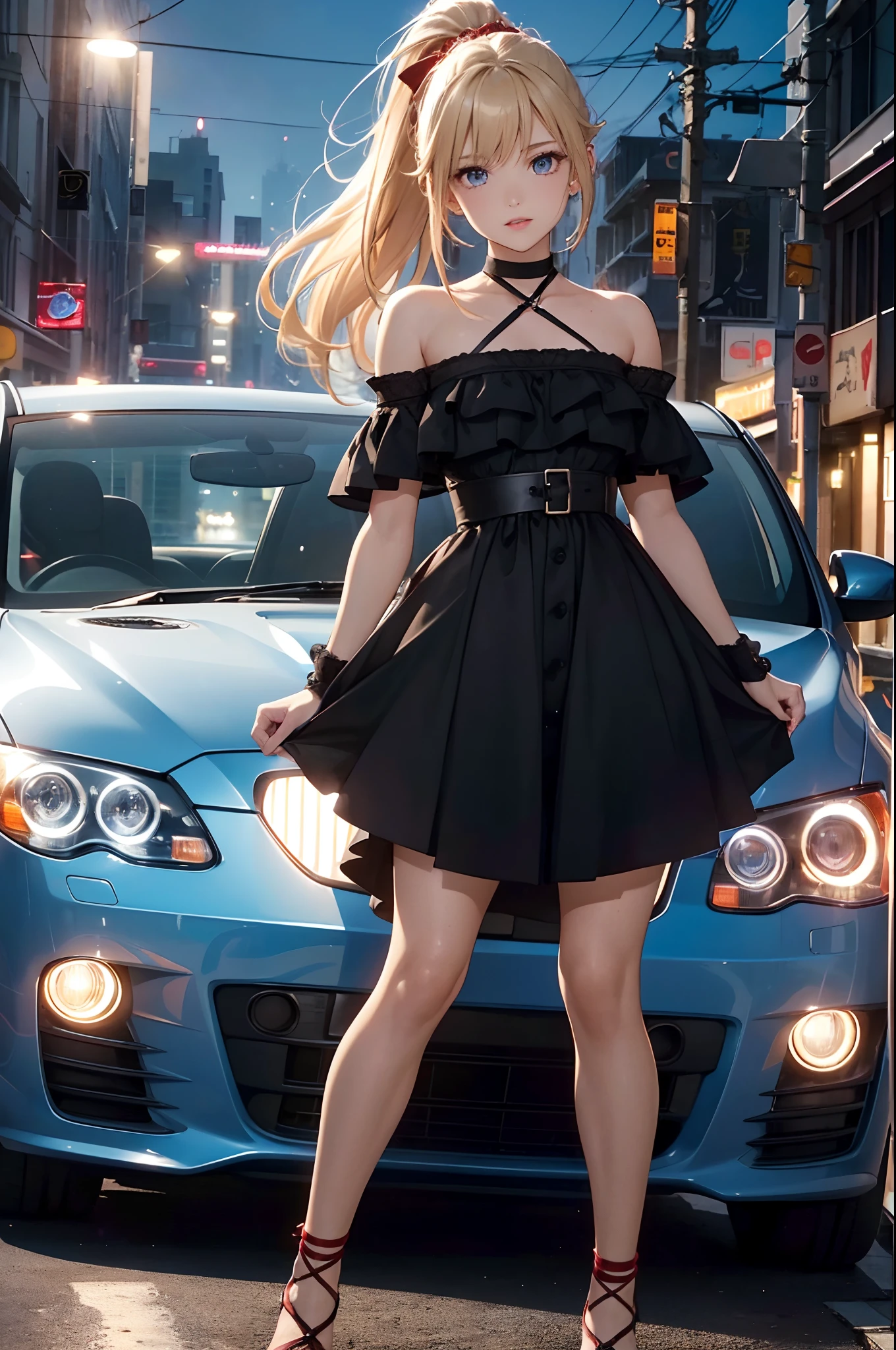 (Official art、Best Quality、Unity 8k Wallpapers、32K、masterpiece、ultra-detailliert、超A high resolution、realisitic、Photorealsitic:1.2)、(Cinematic lighting:1.2)、Fireglow effect、film grains、Best Shadows、Rim lighting、side lights、sideshot、(Ultra-detailed and complex 3D rendering)、Detailed beautiful face and eyes、A slender、Medium bust、(Full body:1.2)、 Highly detailed background、beauitful face、blurry backround、-yeld beiful girl、(super detailed skin、detailed skin textures:1.3)、Glowing blonde hair、High Ponytail、sky-blue eyes、Hip Hop Cable、Red dress、Red high heels、(thighs thighs thighs thighs:0.8)、Knitted sandals、City at night、Open your mouth and smile gently、a choker、dynamicposes、(Car on female background、classic car、Woman illuminated by headlights:1.2)