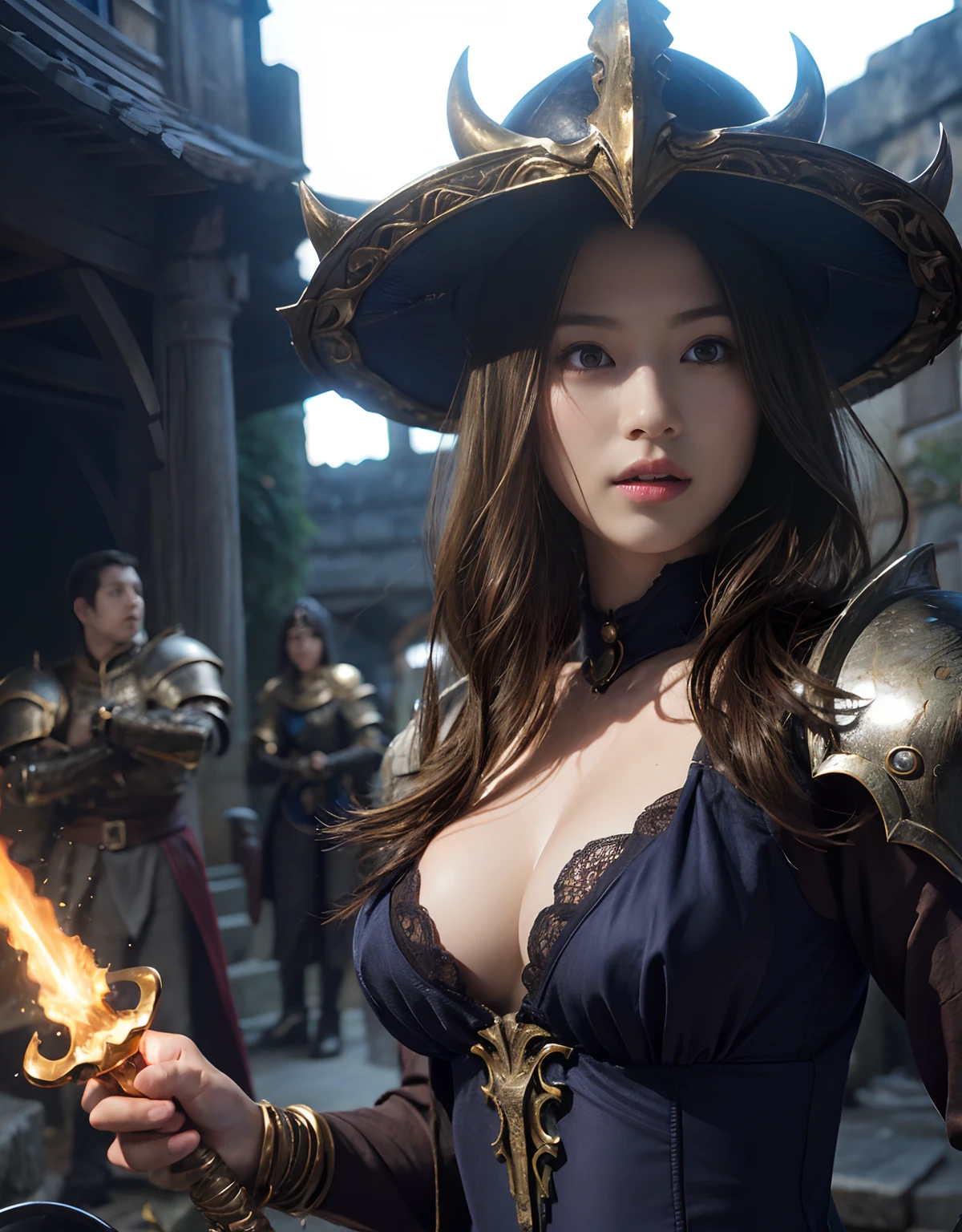 (One Knight Girl)、top-quality、masterpiece、超A high resolution、(Photorealsitic:1.4)、Raw photo、女の子1人、(Wear the Dark Knight's Armor)、glowy skin、(Random hair),(((Dark Fantasy)))、Fight with beautiful swords and shields、(((Mystical expression))),(((Have a gorgeous and long magic wand))),(Gorgeous gold metal body)、(Fight goblins、ogre、Fierce battle with orcs),(Fighting strong enemies)、Fight fiercely、(Background of decaying dungeon ruins)、(Ultimate Beauty)、(Detailed knight's helmet)、(Fighting Demonic Beasts)、(Wizard Hat)、((super realistic details))、portlate、(Strong giant demon beast background),globalillumination、Shadow、octan render、8K、ultrasharp、Colossal tits、Raw skin is exposed in cleavage、metals、Details of complex ornaments、Japan details、highly intricate detail、Realistic light、(Mystical expression),CGSoation Trends、Red Eyes、radiant eyes、Facing the camera)、Gundam、Small LED、Toostock、(Background of the mutation)、(Attack of the Monster Beasts)、Ultimate Beauty、beautiful female knight、Wear colorful armor、Detailed sword、(Wearing legendary armor)、