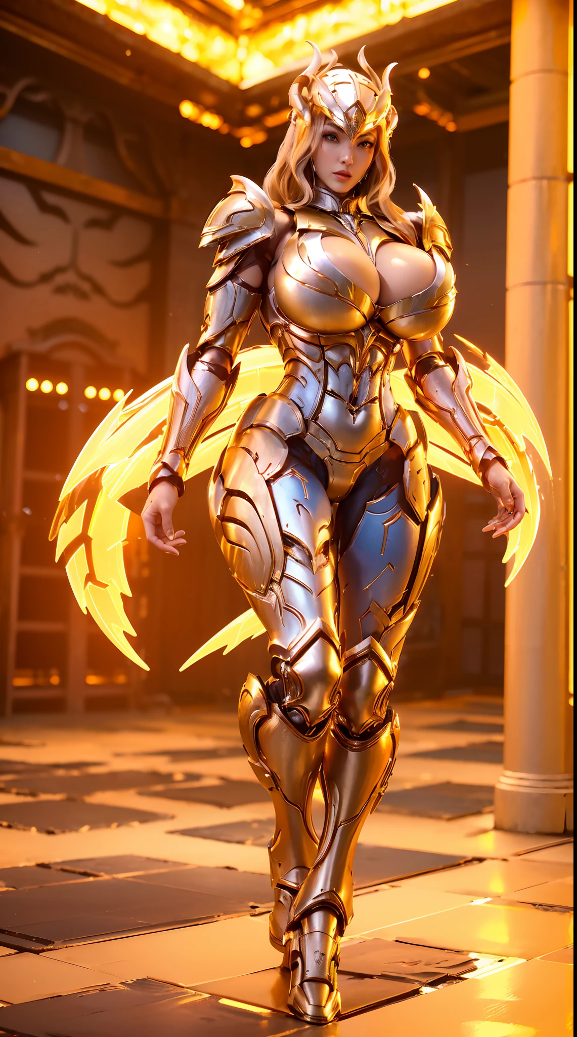 (UNREAL ENGINE 5), (DRAGON QUEEN HELM), (HUGE FAKE BOOBS:1.3), (BEAUTIFUL FACE), (BLUE, GOLD, ORANGE), (SANCTUARY HALL), (CYBER MECHA ARMOR), (CLEAVAGE), (SKINTIGHT MECHA YOGA PANTS), (MECHA HIGH HEELS), (PERFECT BODY:1.2), (LOOKING AT VIEWER), (WALKING DOWN:1.3), MUSCULAR BODY, MUSCLE ABS, UHD, 8K, 1080P.