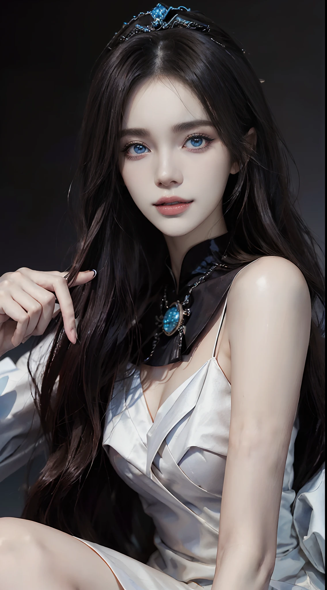 ((4K works))、masterpiece、(top-quality)、((One Beautiful Villain Girl))、Slim body、tall、((Villain Black Dress Fashion))、(Detailed beautiful eyes)、Shot at White Castle, Where the villain queen lives、((Face similar to Carly Rae Jepsen))、((Long boyish red hair))、((Smaller face))、((Neutral face))、((Bright blue eyes))、((American adult women))、((Adult female 26 years old))、((cool lady))、((Like a celebrity))、((Like the villain queen))、((Smiling expression))、((Korean Makeup))、((elongated and sharp eyes))、((boyish))、((Villain Queen))、((Photograph her from afar))、((Shot diagonally from the side))、Professional Photos、Villain Queen photo、villain pose