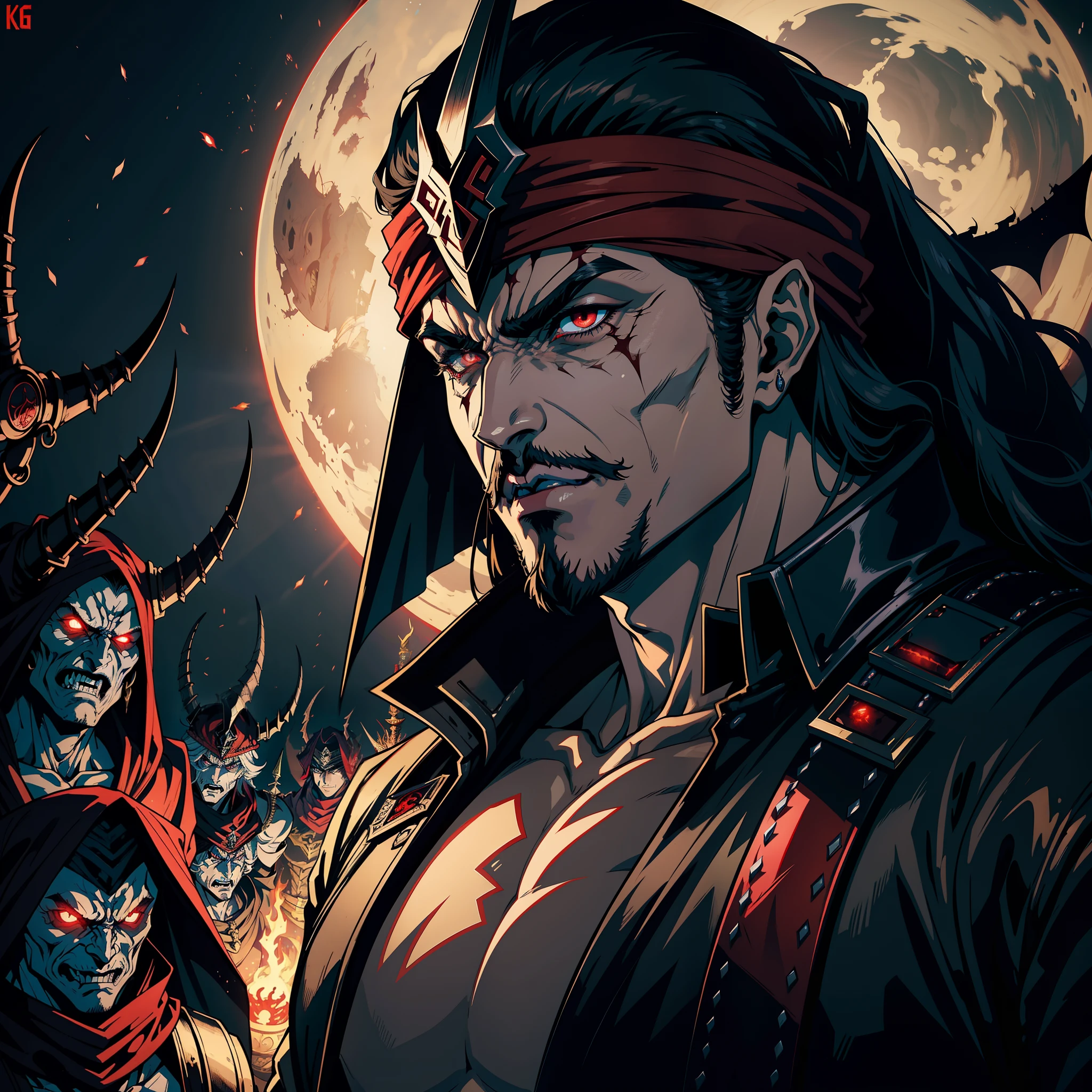 Castlevania Hyper Realistic Shadow Lord Super Detailed Dynamic Plan Master Piece of Lord Dracula Medieval Arab Warrior with Red Turban Scary Face Hokuto No Ken Structure Muscular Face Kenshiro Leading Troops Demon Army to Fight Sharp Details Cinematic Scenes Epic Movie Movie Legendary Hyper Realistic Epic Movie