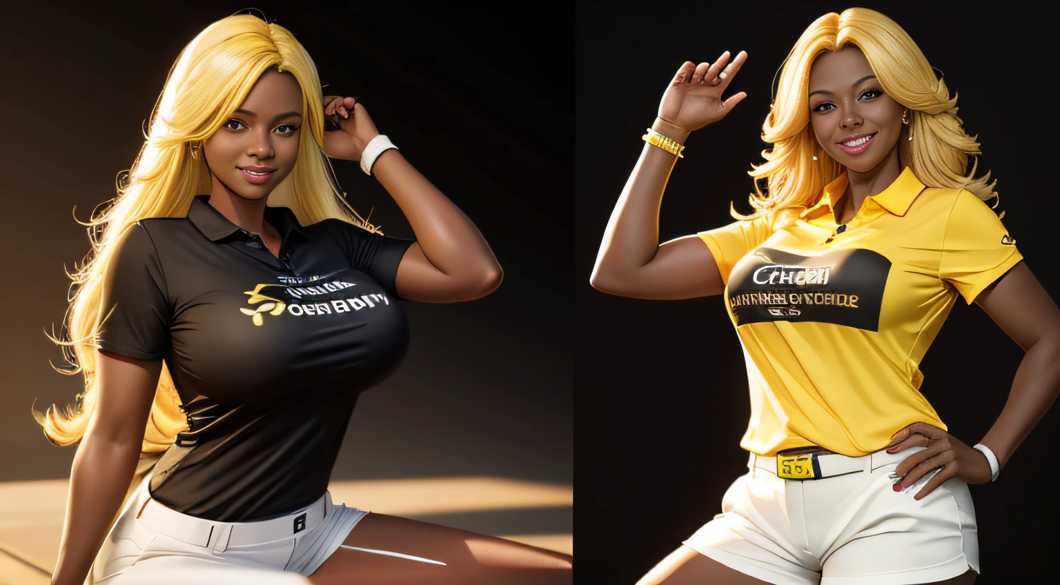 very huge breasts, dark skin, yellow hair, medium hair, Happy smile, realistic and detailed hands, realistic and detailed face, realistic and detailed tooth, realistic and detailed foots, realistic and detailed face, full body image, golf player, black t-shirt, white shorts, yellow tennis.