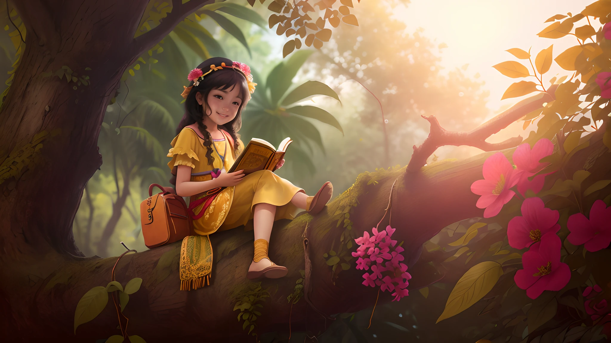 Masterpiece, best quality, one with very detailed beautiful face in tribal yellow clothes, with big brown eyes, she sits on a tree and reads a very old book, she smiles very happy, jungle, very sunny, super detailed