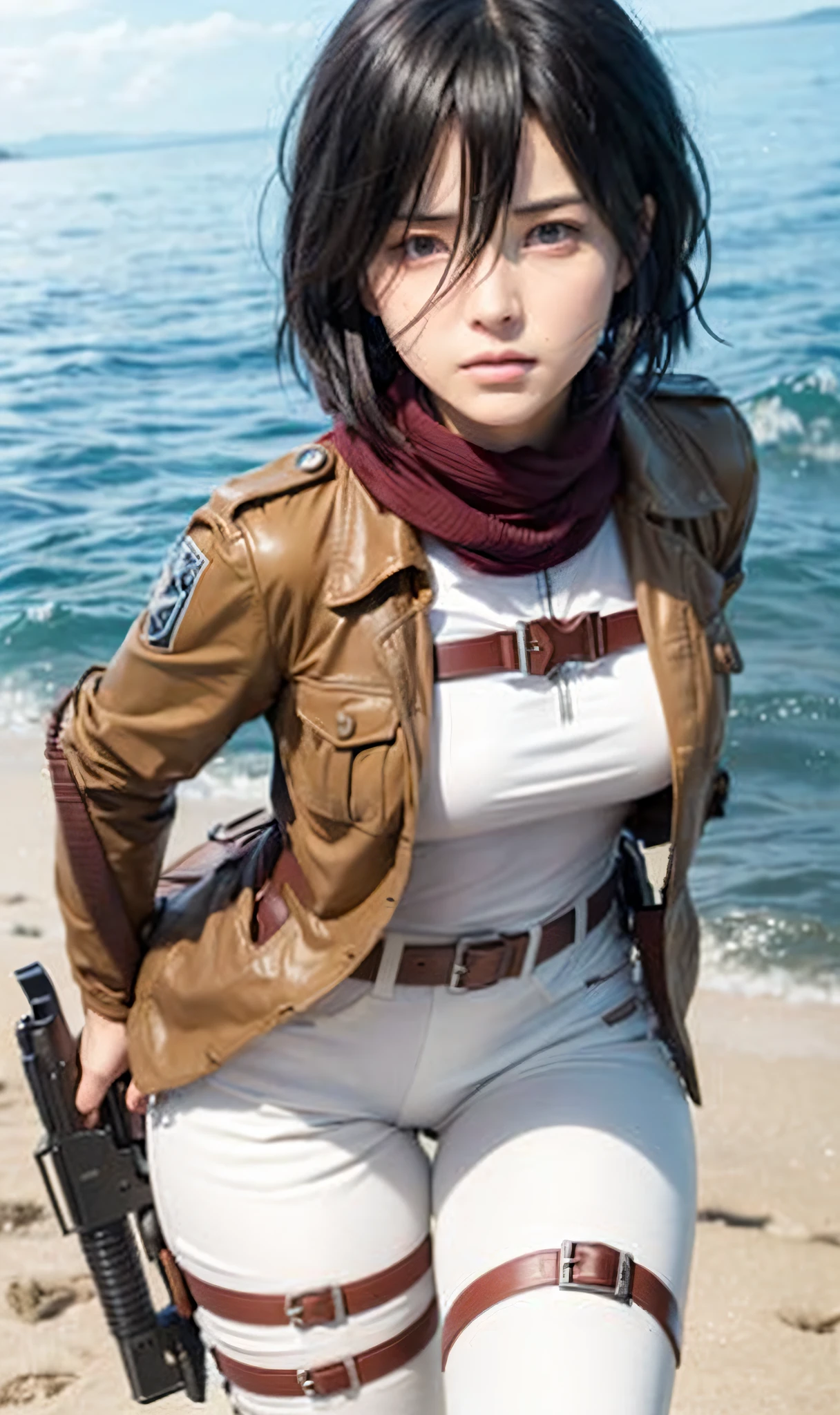 girl with gun on beach near ocean with blue sky, mikasa ackerman, female protagonist 👀 :8, from attack on titan, in attack on titan, looking like annie leonhart, eren yeager, snk, 🚿🗝📝, female character, (attack on titans anime), annie leonhart, female protagonist, eren jaeger