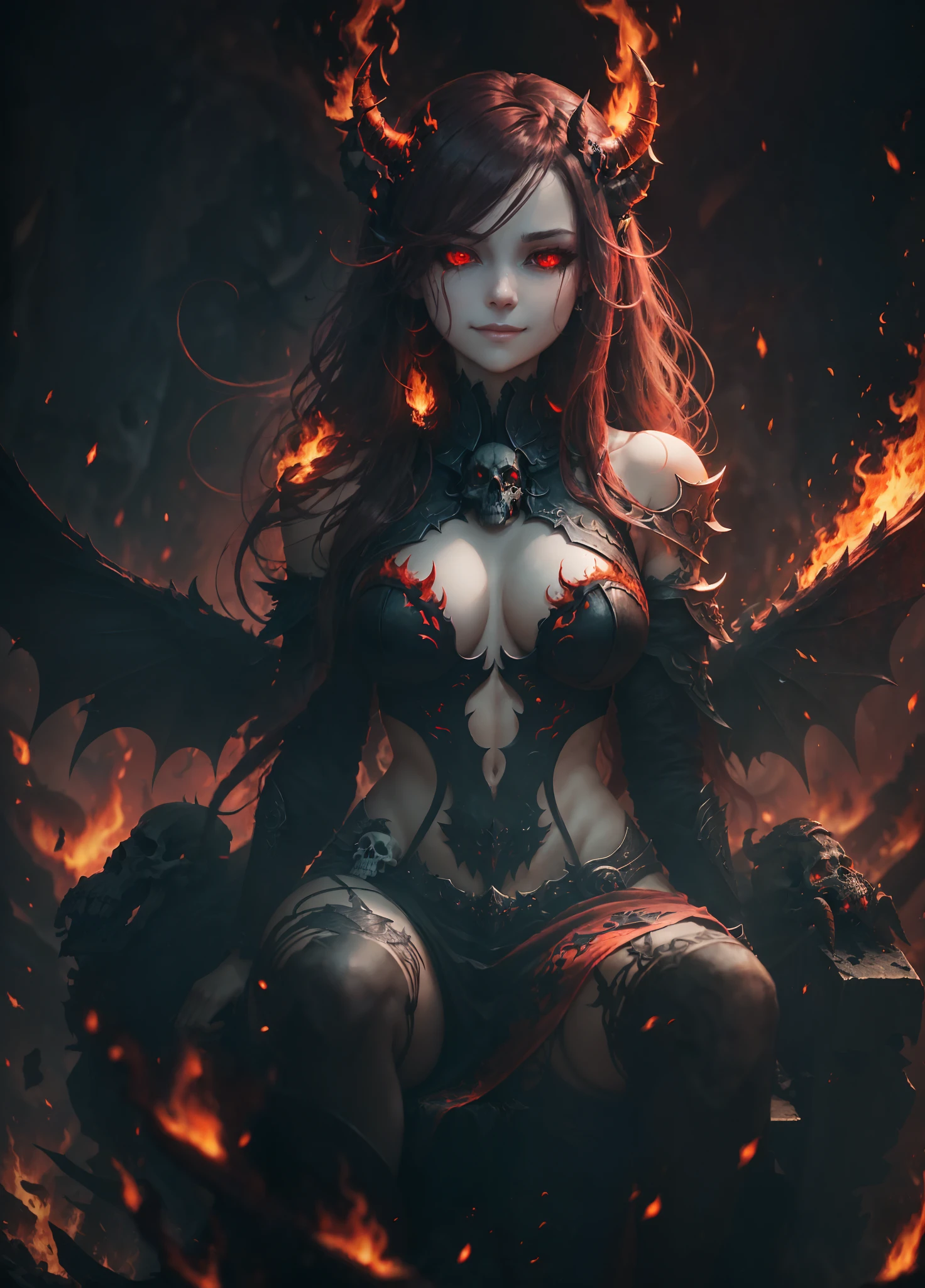 High detail image 8 K RAW Photo,style dark depths of hell,Demon Queen,with red wings and back sitting on a throne of skulls in the depths of hell,there are skulls everywhere and fire is burning,dark matter,medium lighting ,(high skin detailing) , wearing clothes , with open shoulders , the clothes fit the figure emphasizing the shape , very beautiful cute face , two bent horns sticking out of the head , infernal smile , fiery red eyes . --auto --s2