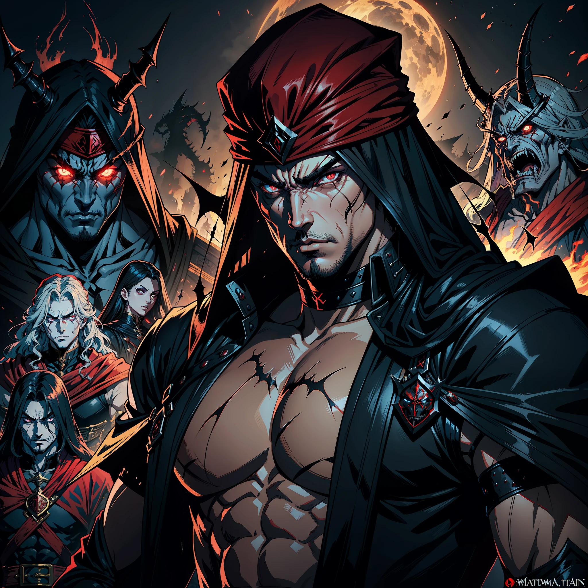 Castlevania Hyper Realistic Shadow Lord Super Detailed Dynamic Plan Master Piece of Lord Dracula Medieval Arab Warrior with Red Turban Scary Face Hokuto No Ken Structure Muscular Face Kenshiro Leading Troops Demon Army to Fight Sharp Details Cinematic Scenes Epic Movie Movie Legendary Hyper Realistic Epic Movie