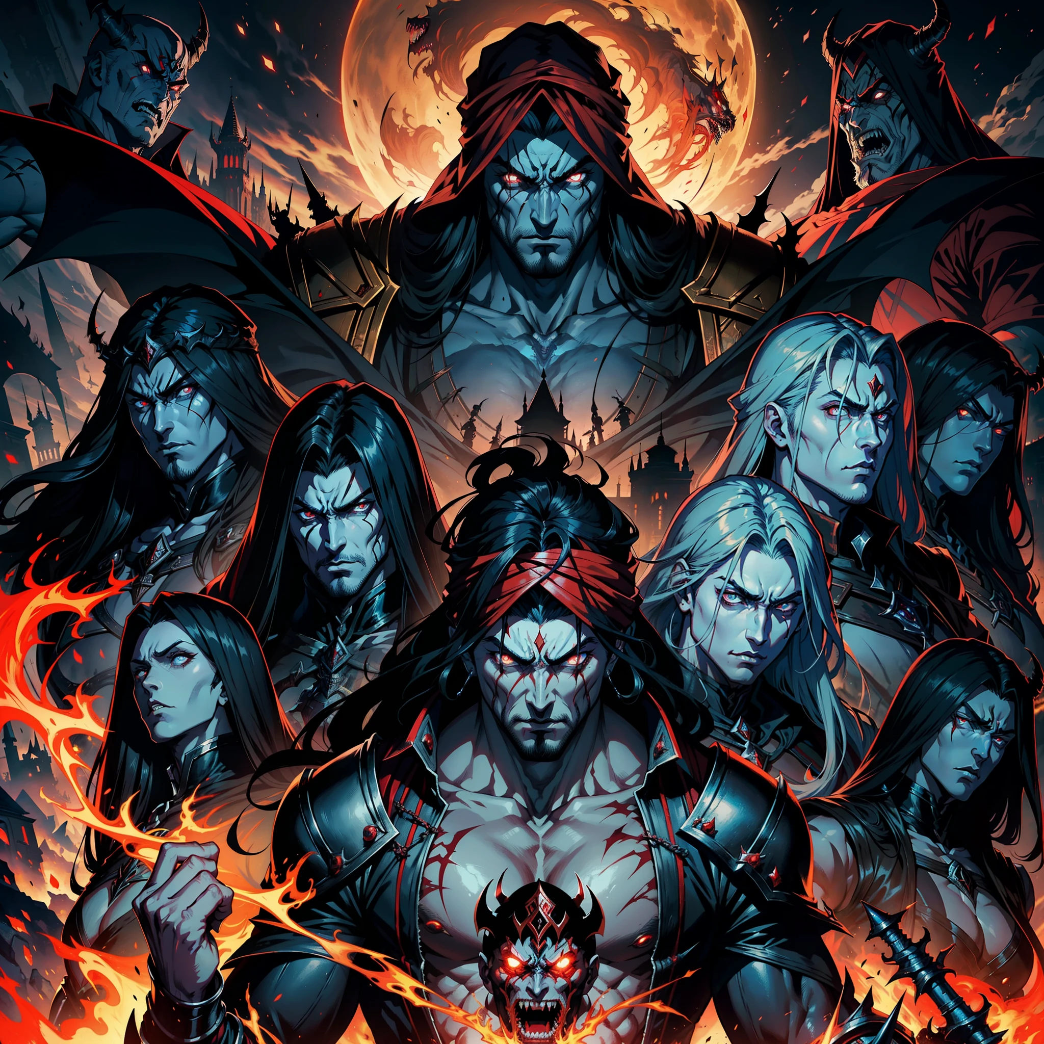 Castlevania Hyper Realistic Shadow Lord Super Detailed Dynamic Plan Master Piece of Lord Dracula Medieval Arab Warrior with Red Turban Scary Face Hokuto No Ken Structure Muscular Face Kenshiro Leading Troops Demon Army to Fight Sharp Details Cinematic Scenes Epic Movie Movie Legendary Hyper Realistic Epic Movie