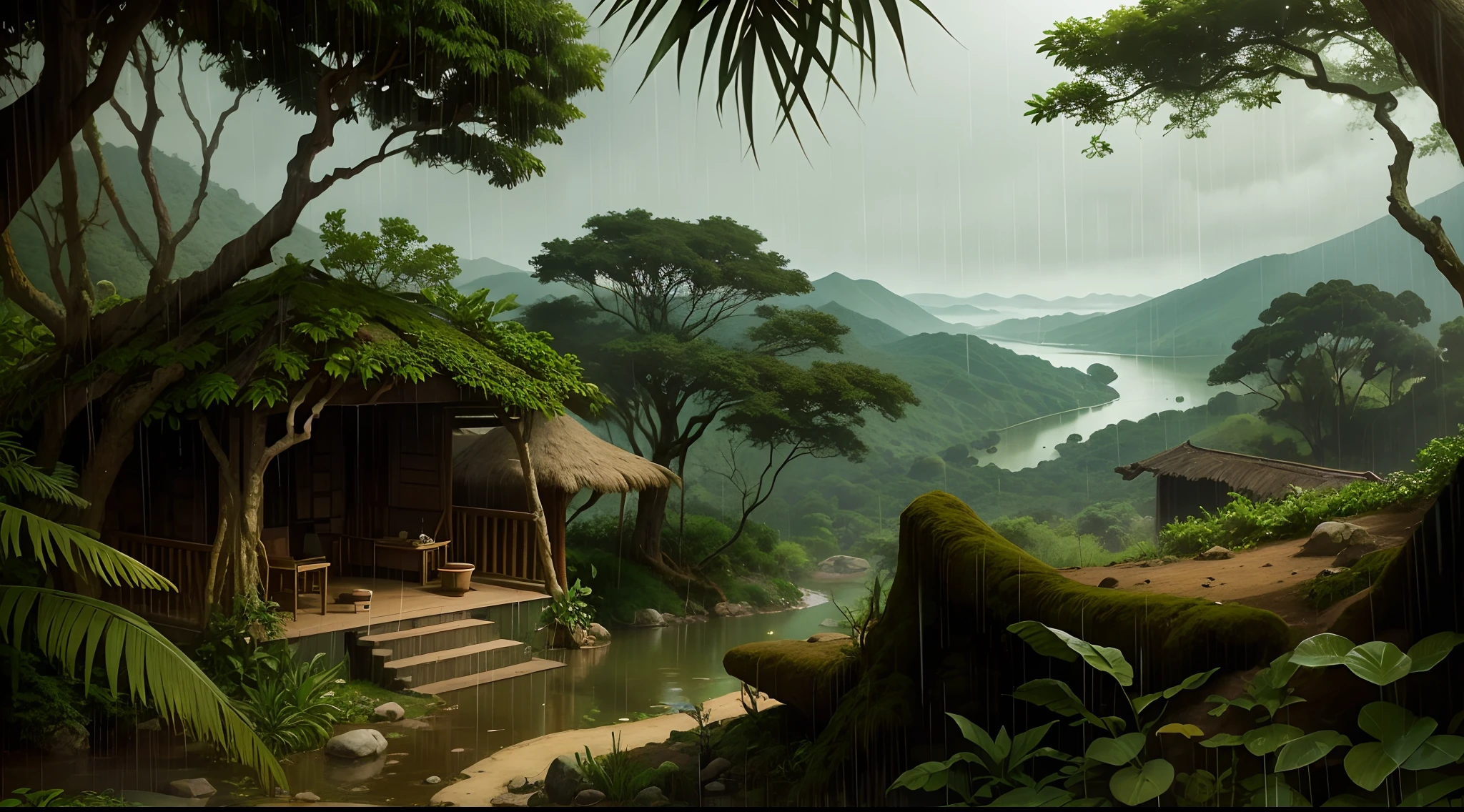 West African wilderness, 5th century, ancient, West African style, indigenous pattern, Ghana Style, view in rain forest and hill, heavy raining, tranquility, no man, no woman, no girl, no boy, no person