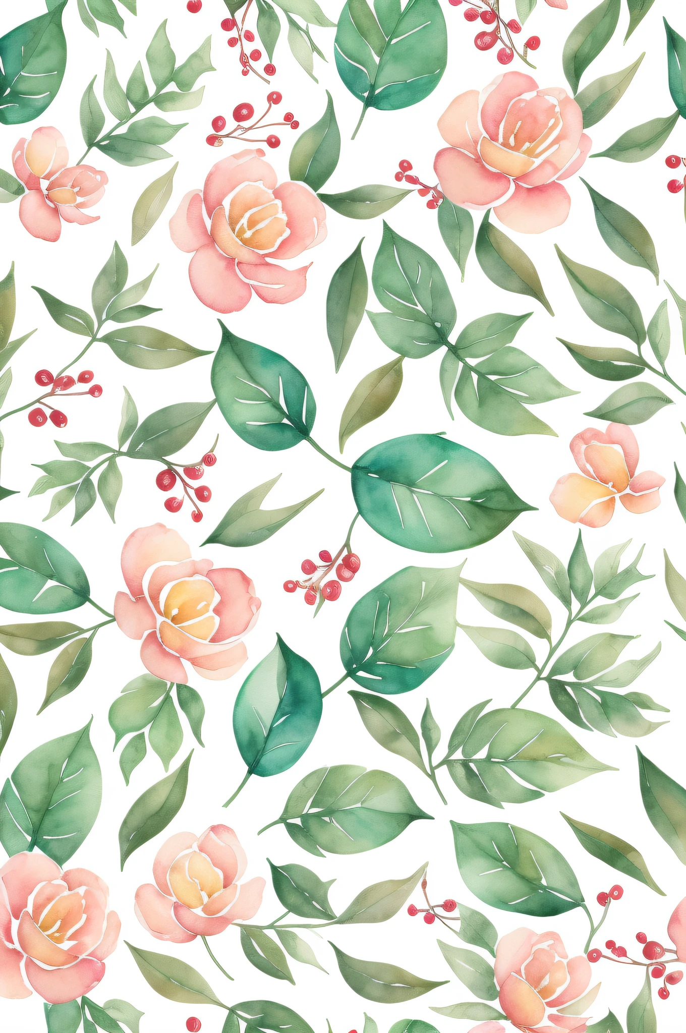 Holly, red fruit, yellow bell and calm color watercolor pattern isolated on white background. Watercolor paper texture.