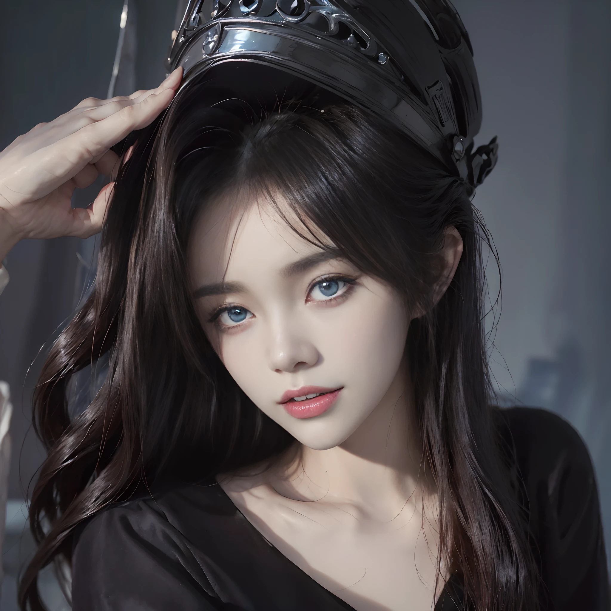 ((4K works))、masterpiece、(top-quality)、((One Beautiful Villain Girl))、Slim body、tall、((Villain Black Dress Fashion))、(Detailed beautiful eyes)、Shot at White Castle, Where the villain queen lives、((Face similar to Carly Rae Jepsen))、((Long boyish red hair))、((Smaller face))、((Neutral face))、((Bright blue eyes))、((American adult women))、((Adult female 26 years old))、((cool lady))、((Like a celebrity))、((Like the villain queen))、((Smiling expression))、((Korean Makeup))、((elongated and sharp eyes))、((boyish))、((Villain Queen))、((Photograph her from afar))、((Shot diagonally from the side))、Professional Photos、Villain Queen photo、villain pose