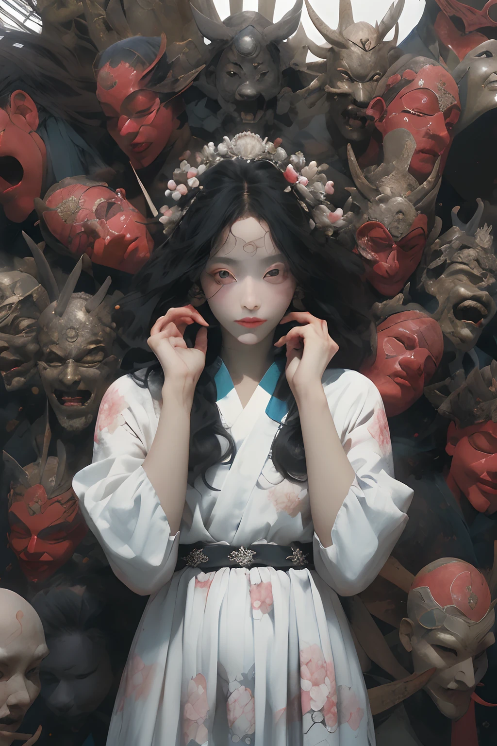 (Obra maestra:1.2), La mejor calidad,Pixiv,
cabello negro, Ropa mexicana, estampado floral, 1girl, adorno para el cabello, trompetas, sentada, Mirando al espectador, Flor, vestido alta costura, ojos azules, flor del cabello, Pendientes, Cabello largo, Haori, jewely, Manos propias juntas, borla, mangas anchas, ojos rojos, boca cerrada, mangas largas, Imprimir vestido, vestido bordado negro.