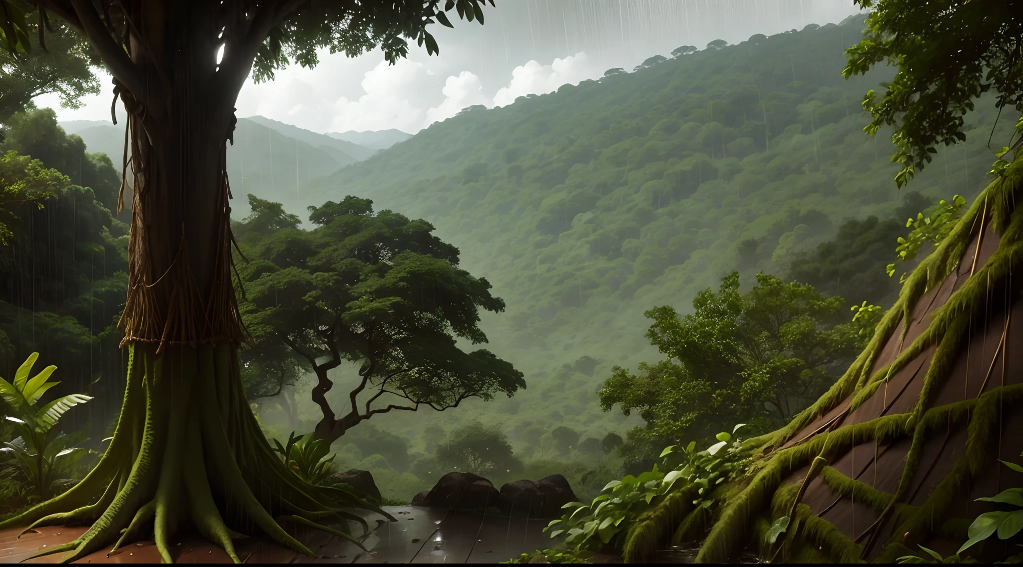 West African wilderness, 5th century, ancient, West African style, indigenous pattern, Ghana Style, view in rain forest and hill, heavy raining, tranquility, no man, no woman, no girl, no boy, no person
