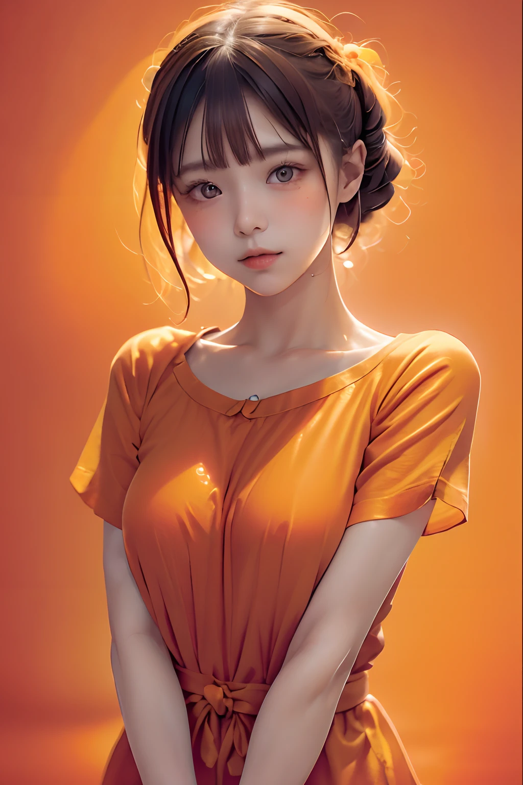 (((orange background:1.3)))、Best Quality, masutepiece, High resolution, (((1girl in))), sixteen years old,Orange attire、((Orange shirt:1.3、Orange Block Dress)), Tindall Effect, Realistic, Shadow Studio,Ultramarine Lighting, dual-tone lighting, (High Detail Skins: 1.2) Digital SLR, Photo, High resolution, 4K, 8K, Background blur,Fade out beautifully、Orange World、orange background