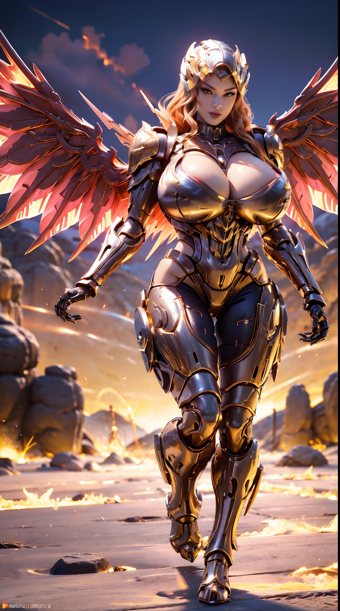 (DRAGON QUEEN HELM), (HUGE FAKE BOOBS), (BEAUTIFUL FACE), (GOLD, RED), (DESERT MOUNTAIN), (((A PAIR OF GIGANTIC MECHANICAL WINGS SPREAD OUT))), FUTURISTIC PHOENIX MECHA BODYSUIT, (CLEAVAGE), (SKINTIGHT YOGA PANTS), (HIGH HEELS), (PERFECT BODY:1.2), (FULL BODY VIEW), (LOOKING AT VIEWER), (WALKING DOWN:1), SEXY MUSCULAR BODY, (MUSCLE ABS), UHD, 8K, 1080P.