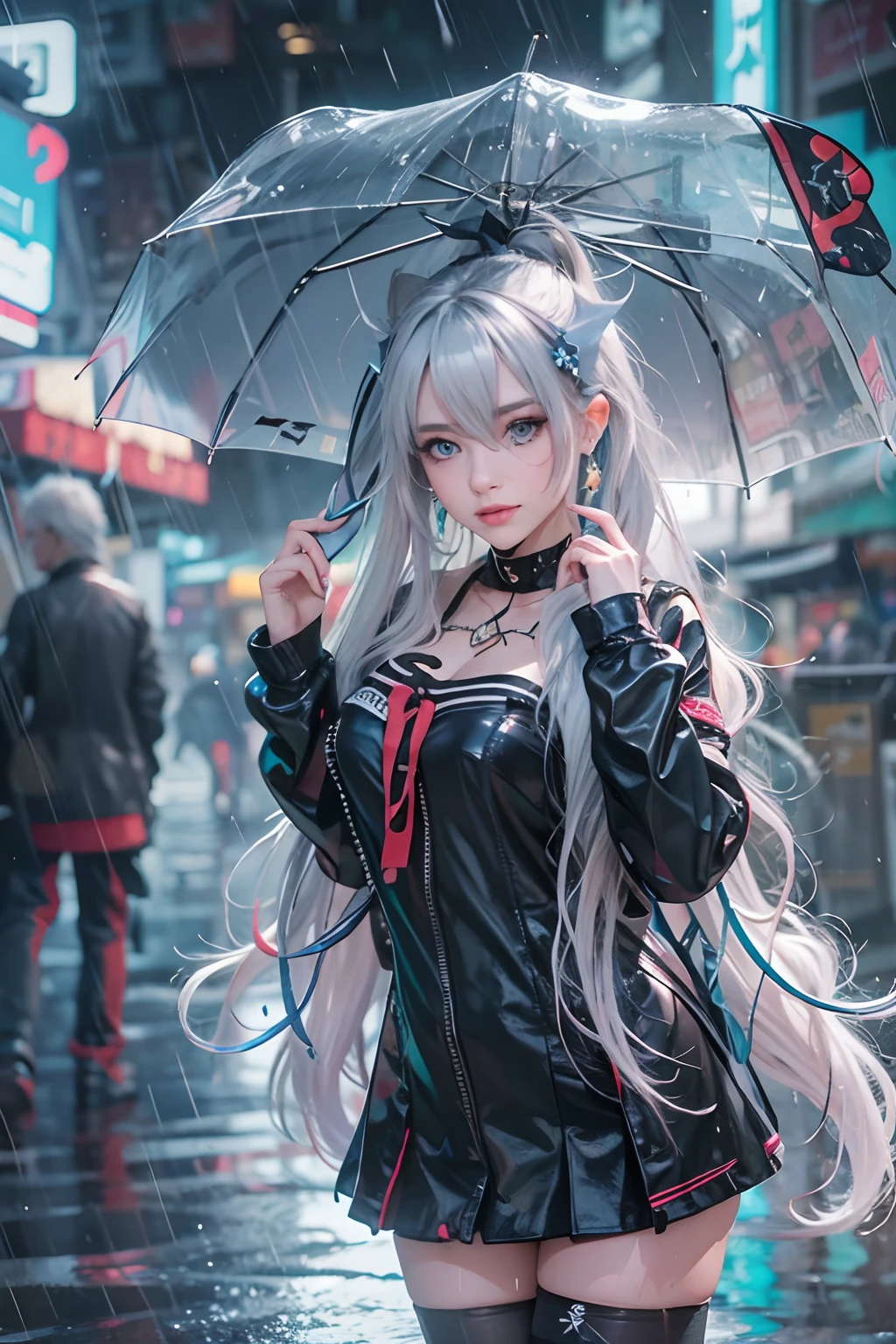Masterpiece, Best quality, In the rain, In the cyberpunk city, Real, Photo, Huge_filesize, gyaru, tchibi, Long hair, White hair, Wet hair, Disheveled hair, sanimal ear fluff , Laughing, Blue eyes, Medium breasts, Sleeveless dress, white thighhighs, knee_Boots, ribbon_choker necklace, necklace, half gloves , Earrings, Turning around,