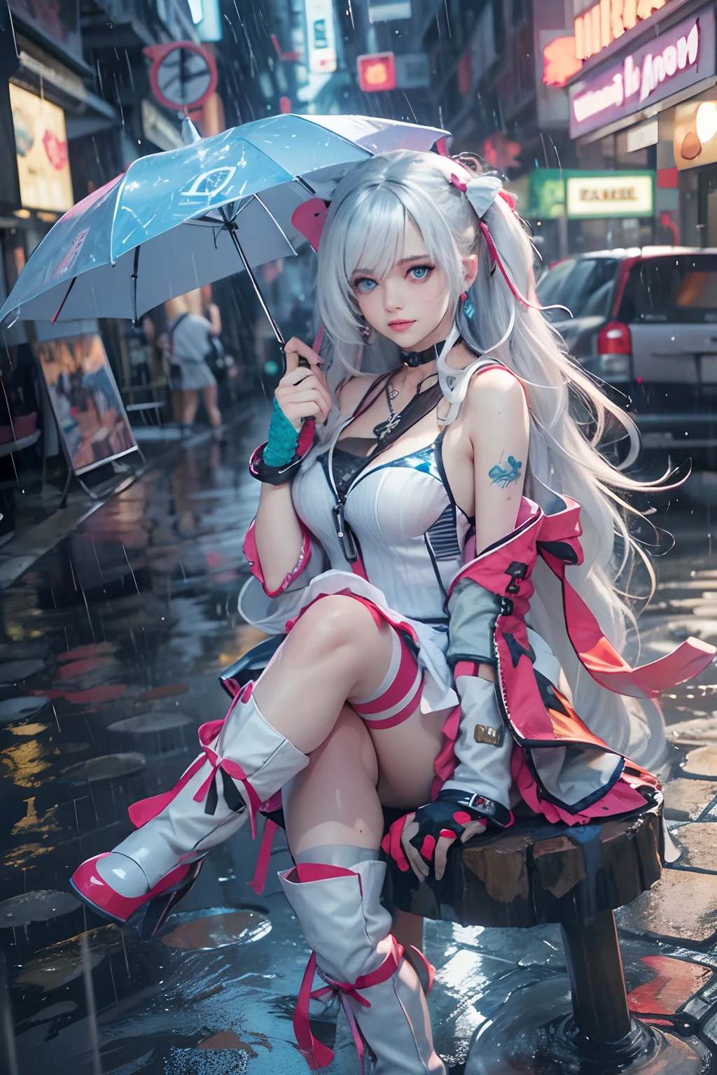 Masterpiece, Best quality, In the rain, In the cyberpunk city, Real, Photo, Huge_filesize, gyaru, tchibi, Long hair, White hair, Wet hair, Disheveled hair, sanimal ear fluff , Laughing, Blue eyes, Medium breasts, Sleeveless dress, white thighhighs, knee_Boots, ribbon_choker necklace, necklace, half gloves , Earrings, Turning around,