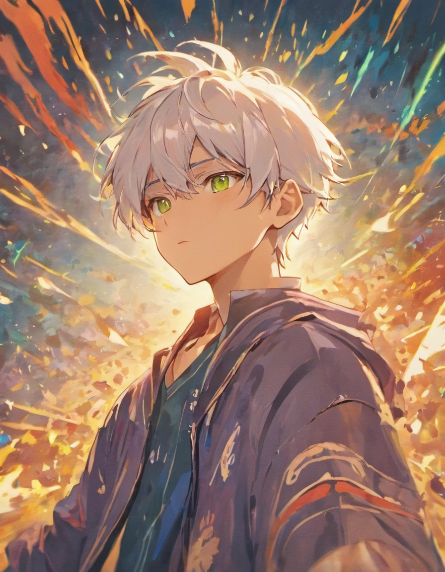 a high school boy、white hair、Green eye、Lunette de soleil