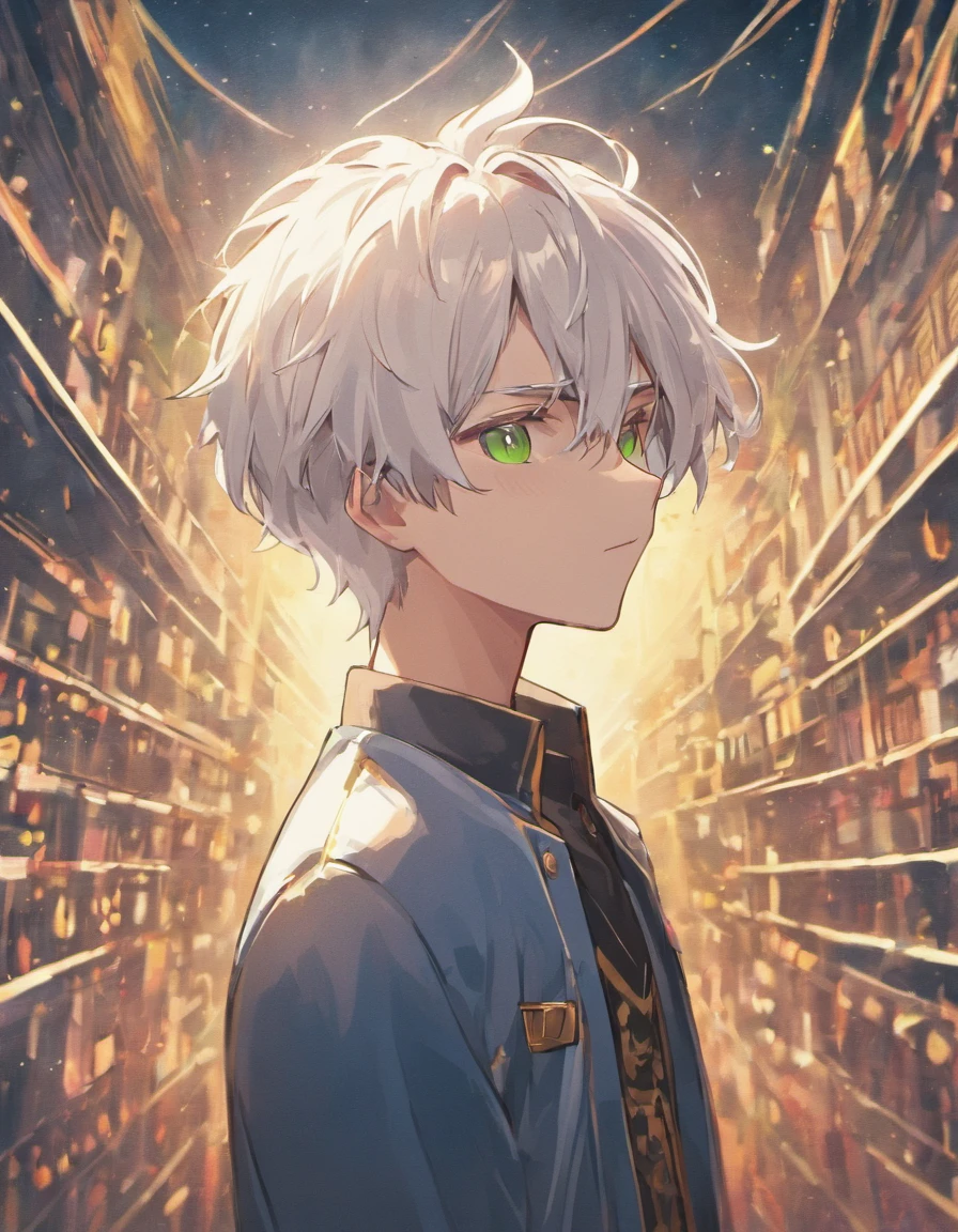 a high school boy、white hair、Green eye、Lunette de soleil