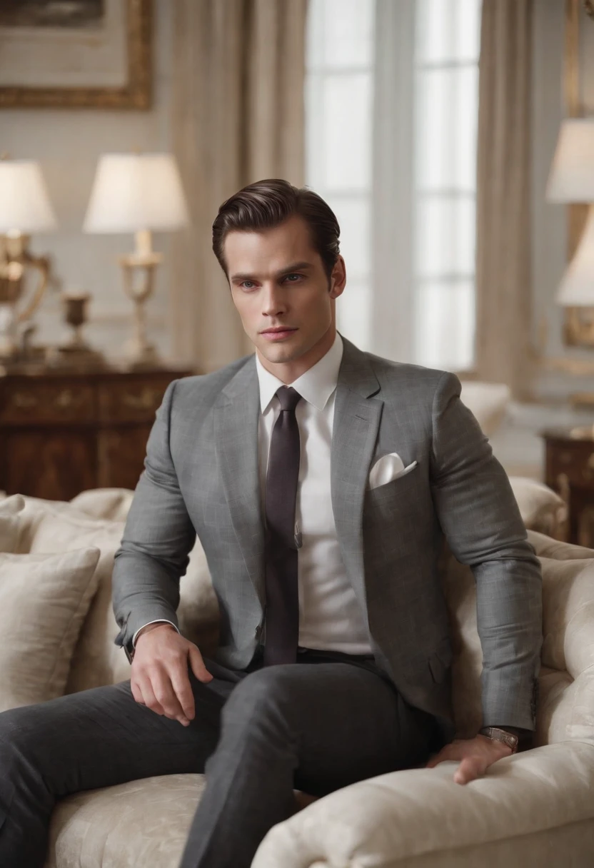A young man,Handsome,muscled,Hairy body,white sock,Ultra-thin tights(Detailed eyes:1.3),Naked topless,Nudity Everywhere,Black eyes,massive bulge,Black hairs protruding from the bulge,full body Esbian,Character sitting on a chair with arms raised, Dark hair (neck-length hair tied in a ponytail,), Nice Pose, Handsome man, Pretty Face, royal elegant pose, businessman, (In a striped blazer), (The surrounding environment is a luxurious and classic living room) (Sandtone imagery) Henry Cavill face lookalike, Filip Lamprecht face lookalike, ultra realistic, royalty prince looking, old money aesthetic, Swedish looking, Joel Kinnaman lookalike, classy suit, Rolex, classic car in the background, royalty looking, wearing Ralph Lauren suit