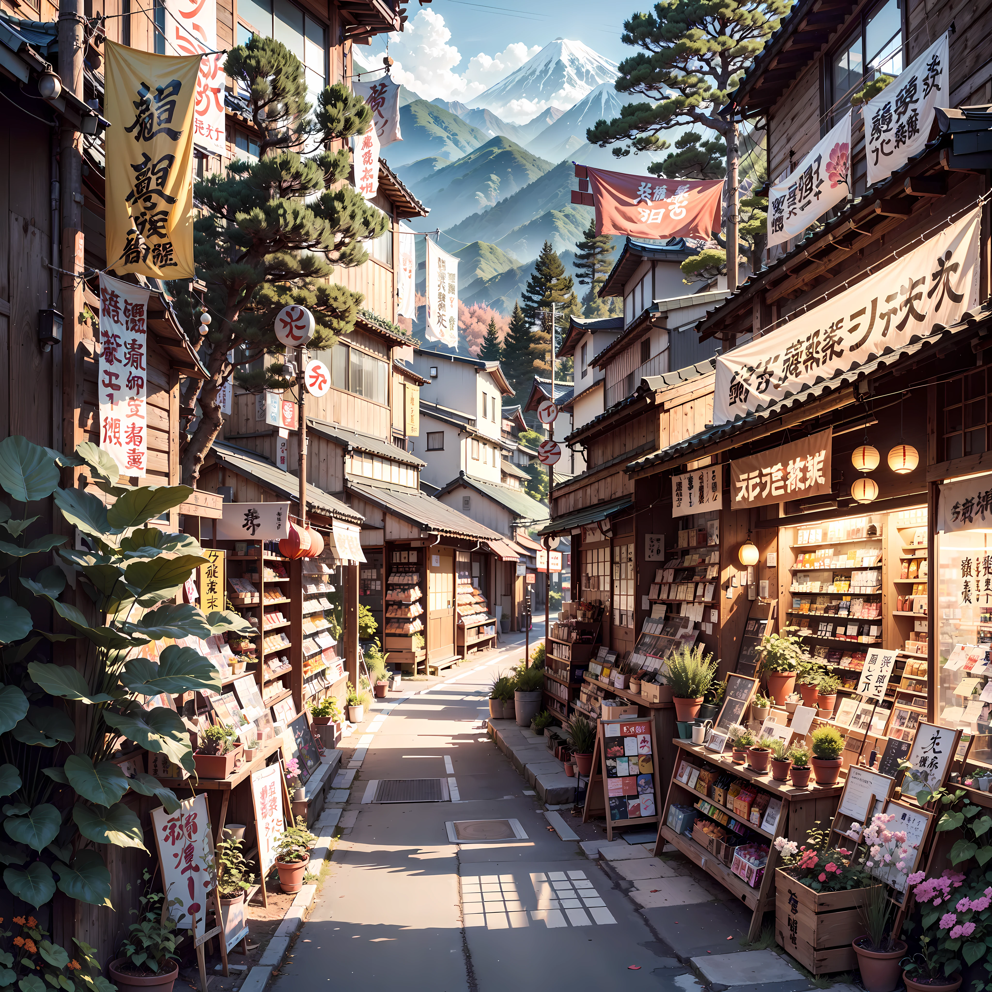 anime background, anime wallpaper, anime, anime style, lofi, lofi style, modern japanese rural street, mountains, uphill, modern japanese architecture, japanese convenience store, big retro japanese shop signs, retro japanese store, trees, plants, rocks, plant pots, shop signs, japanese banners, japanese signs, flags, sunrise, golden hour, golden lighting, empty street, no one in sight, (no one: 1), best quality