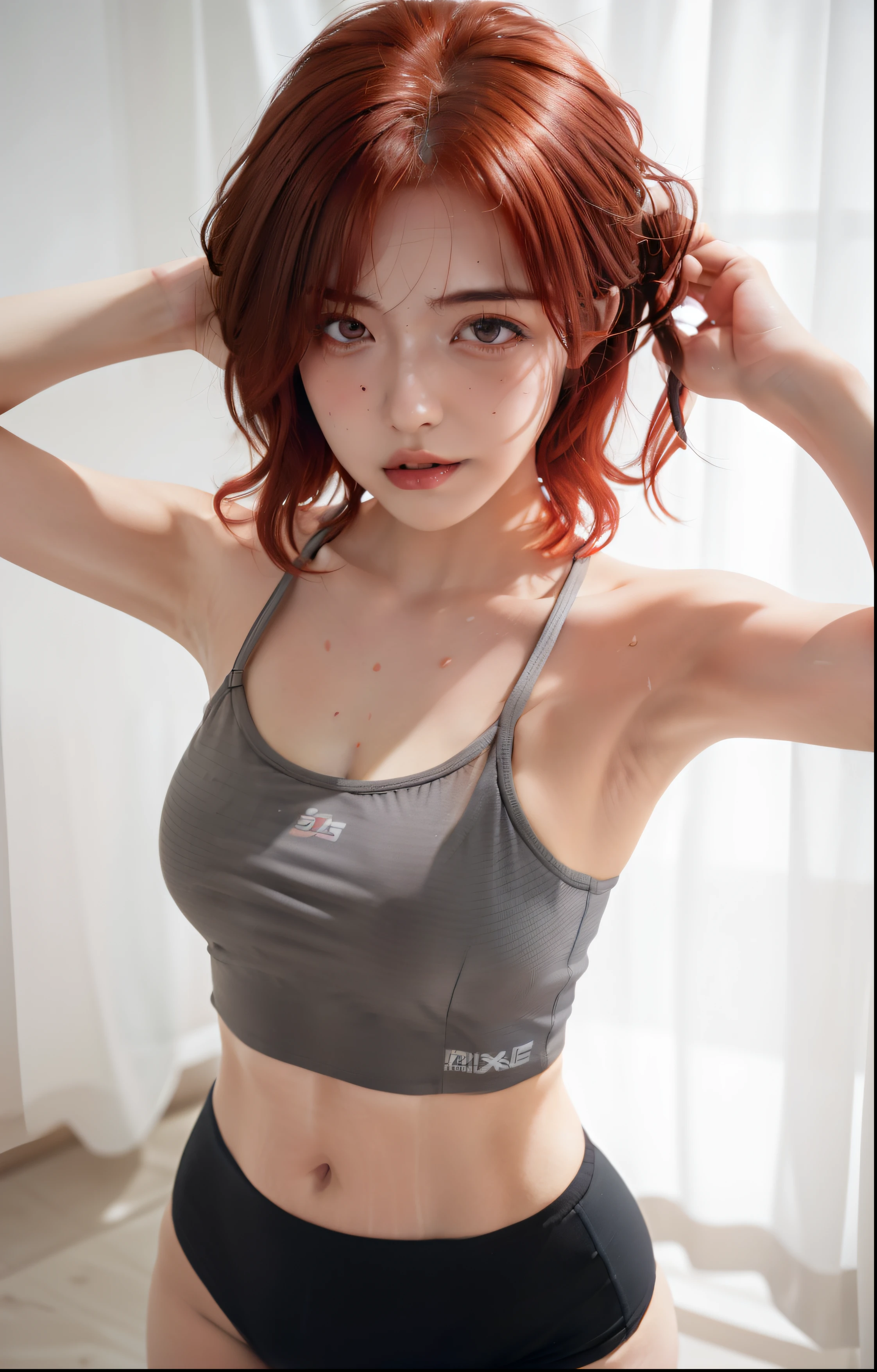 girl with red hair and a gray top, seductive girl, sweating intensely, attractive girl, thicc, sweating hard, higuchi madoka, bikini, short hair, orange hair, 8k, realistic, ultra detail, 70mm lens,