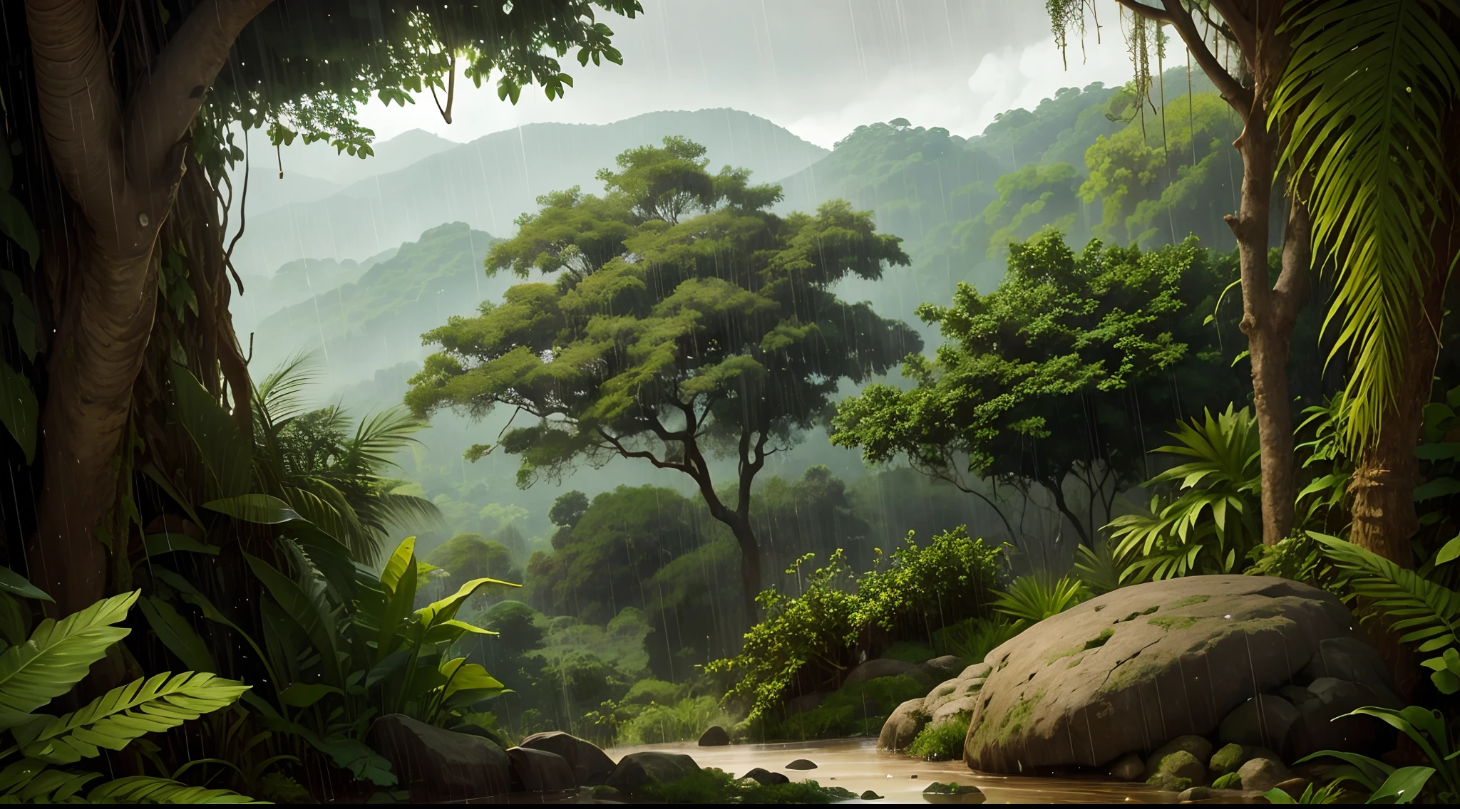 West African wilderness, 5th century, ancient, West African style, indigenous pattern, Ghana Style, view in rain forest and hill, heavy raining, tranquility, no man, no woman, no girl, no boy, no person