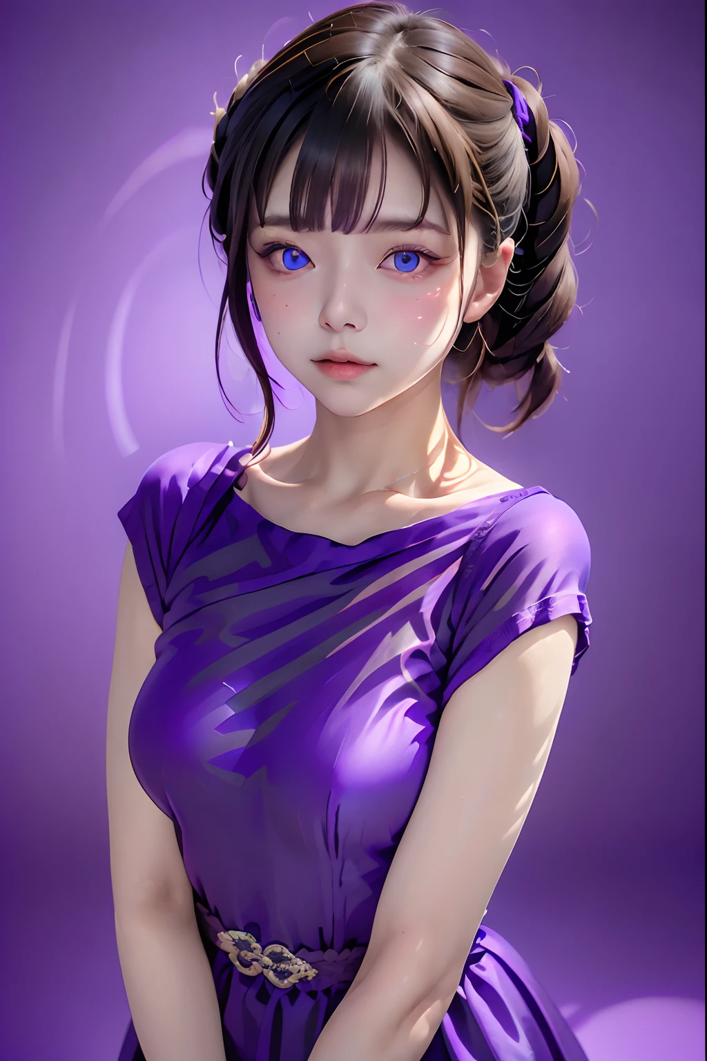 (((Purple background:1.3)))、Best Quality, masutepiece, High resolution, (((1girl in))), sixteen years old,(((Purple Eyes:1.3)))、Purple dress、((Purple shirt:1.3、Purple Block Dress)), Tindall Effect, Realistic, Shadow Studio,Ultramarine Lighting, dual-tone lighting, (High Detail Skins: 1.2)、Pale colored lighting、Dark lighting、 Digital SLR, Photo, High resolution, 4K, 8K, Background blur,Fade out beautifully、Purple World、Purple background