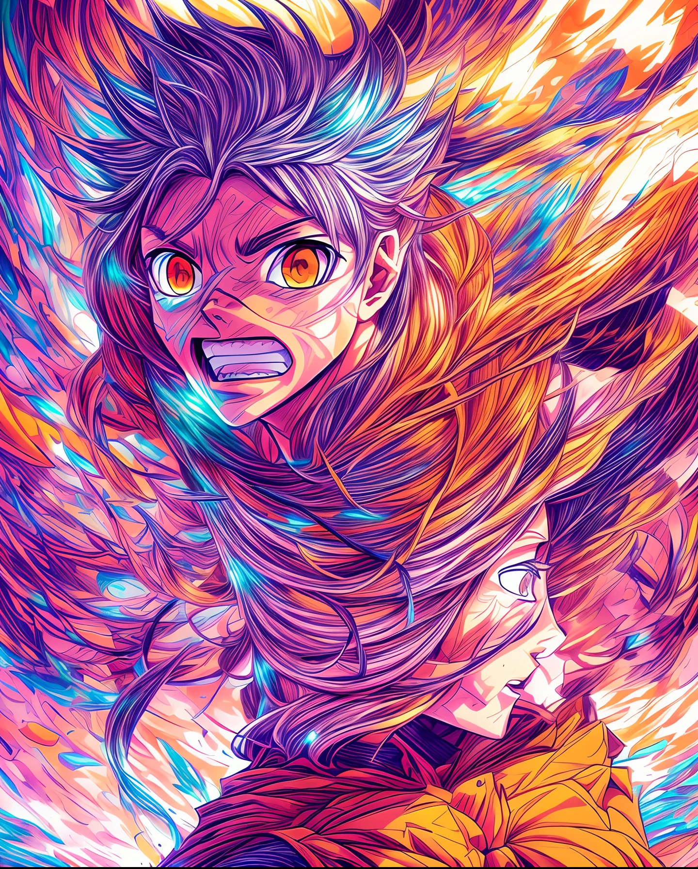 A manga page filled with dynamic action scenes, characters engaged in an intense battle, each frame exuding energy and emotion, reminiscent of the iconic styles of Bleach and Boruto, vibrant orange hues highlighting the characters' expressive faces, contrasting with the serene blue background, skin glowing with beauty, intricately detailed clothing, and a background filled with meticulously crafted scenery, Illustration, digital art with Pixiv-style brushwork