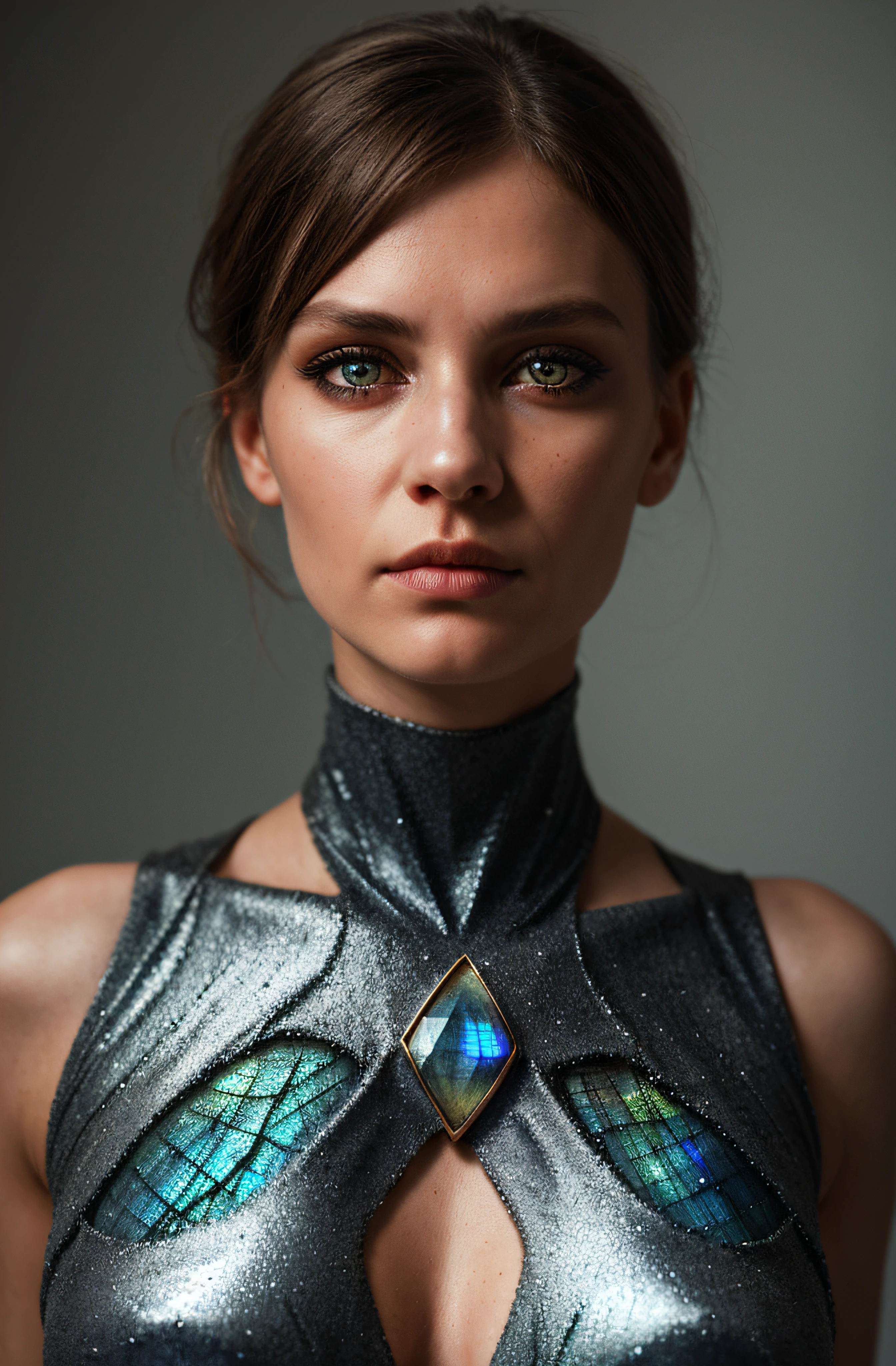 close-up shot, dither woman made of labradorite, (extreme eye iris detail, extreme eyes detail)