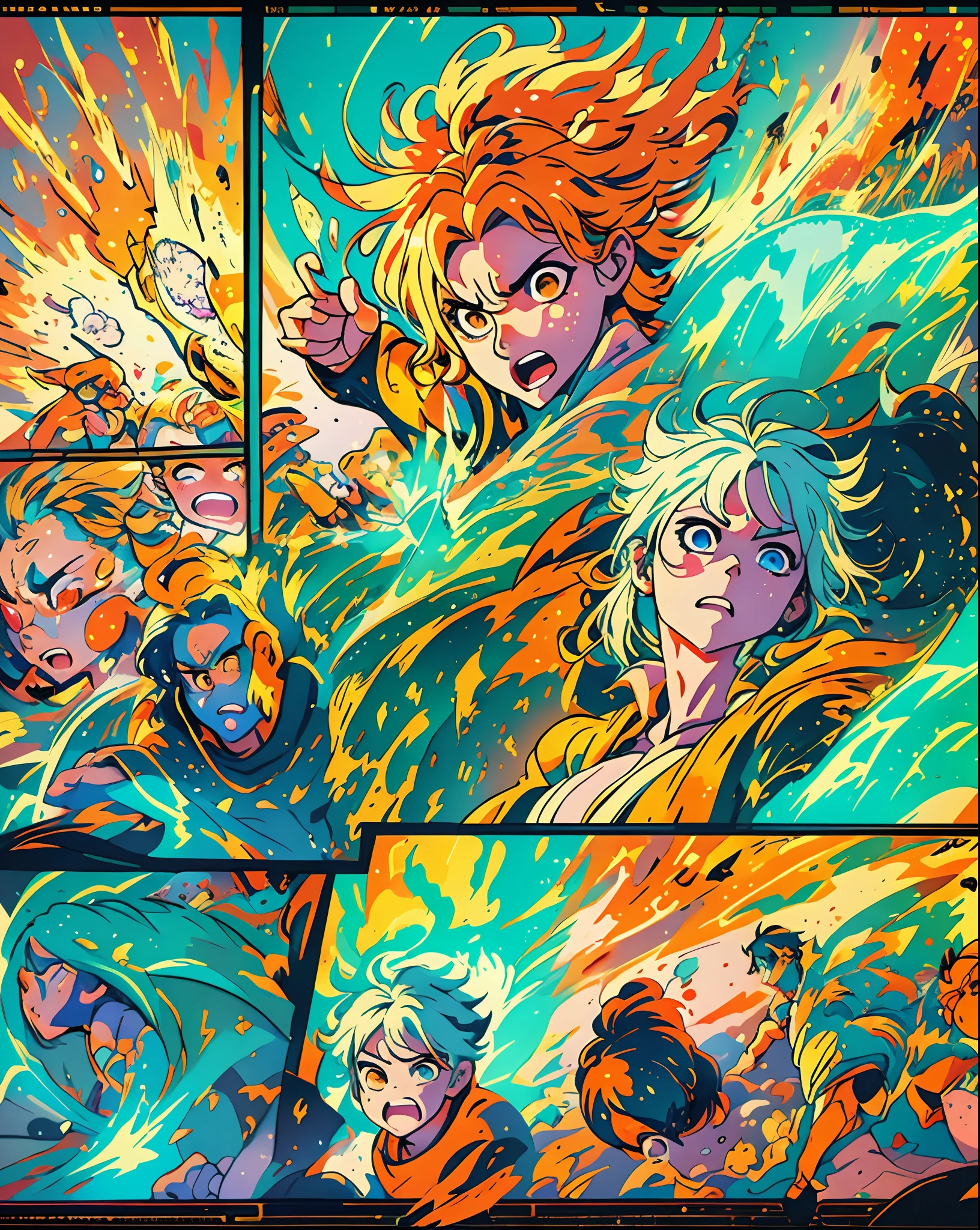 A manga page filled with dynamic action scenes, characters engaged in an intense battle, each frame exuding energy and emotion, reminiscent of the iconic styles of Bleach and Boruto, vibrant orange hues highlighting the characters' expressive faces, contrasting with the serene blue background, skin glowing with beauty, intricately detailed clothing, and a background filled with meticulously crafted scenery, Illustration, digital art with Pixiv-style brushwork