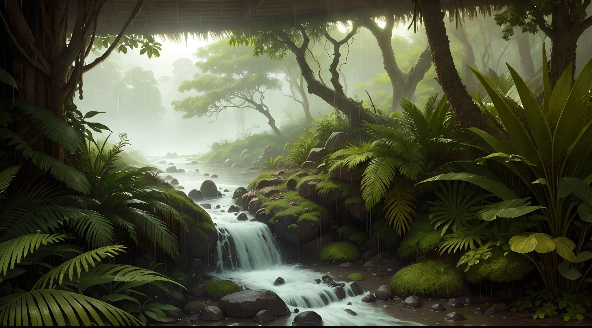 West African wilderness, 5th century, ancient, West African style, indigenous pattern, Ghana Style, view in rain forest and hill, heavy raining, tranquility, no man, no woman, no girl, no boy, no person