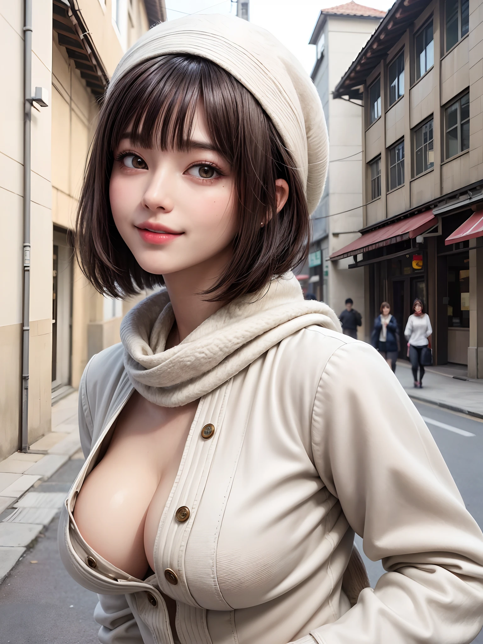 (masterpiece, top-quality),1girl in, 独奏, A dark-haired, scarf, Hats,, realisitic, looking at the viewers, black eyes of light color, shorth hair, coat, Winter clothes, White headscarf, s lips, lipgloss,bangss,, a closed mouth, The upper part of the body、big eye、Lashes、((Street))、((Shorthair with bangs、big eye、Put very strong highlights in your students、very Bigger breasts、gazing at viewer、Very beautiful beauty、Put your ears out、long neck、little smiling、Close your mouth and smile)))、