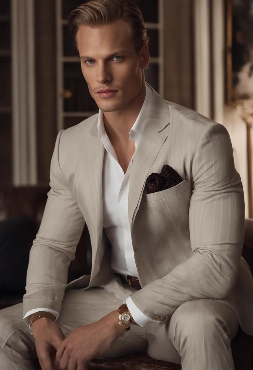 A young man,blonde, blue eyes, Handsome,well-muscled,Hairy body,white sock,Ultra-thin tights(Detailed eyes:1.3),Naked topless,Nudity Everywhere,Black eyes,massive bulge,Black hairs protruding from the bulge,full body Esbian,Character sitting on a chair with arms raised, Dark hair (neck-length hair tied in a ponytail,), Nice Pose, Handsome man, Pretty Face, royal elegant pose, businessman, (In a striped blazer), (The surrounding environment is a luxurious and classic living room) (Sandtone imagery) Alexander Skarsgård face lookalike, Filip Lamprecht face lookalike, ultra realistic, royalty prince looking, old money aesthetic, Swedish looking, Joel Kinnaman lookalike, classy suit, Rolex, classic car in the background, royalty looking, wearing Ralph Lauren suit