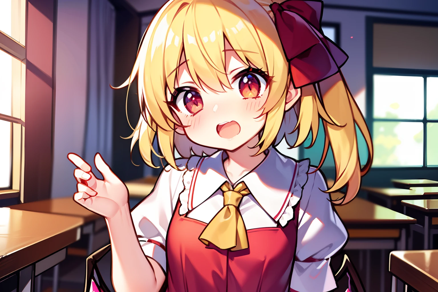 （Flandre Scarlet）、 beautiful countenance、（Eye Highlights）、embarrassed from、Opening Mouth、Short side tail、suprised、shortsleeves、Dress style shirt、Inside the classroom、Petite