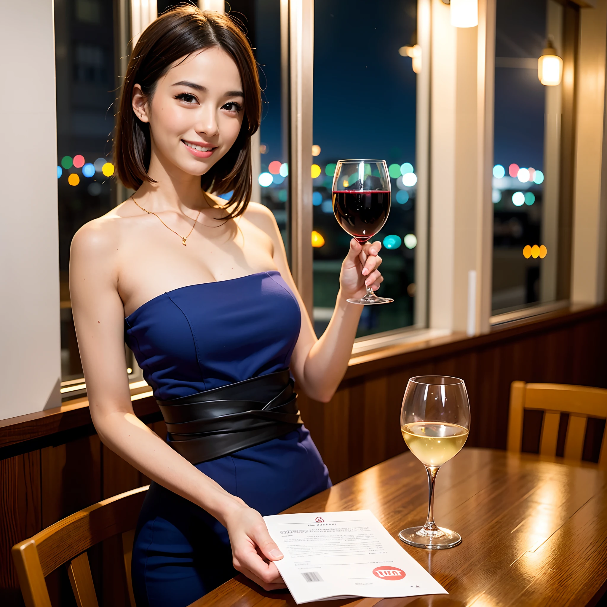 (64K, UHD, top quality, masterpiece: 1.2), (realistic, photorealistic: 1.37), super detailed, pretty woman 1 person, (slim face), (slim body), (brown hair), (short cut), cheeks slightly blushing, (35 years old), 38 years old, solo, beautiful detailed urban night view outside the window, restaurant, wine glasses sit, at night, in a prominent place (from the waist up) NovaFrogStyle, Actress, Model, Waist Up, White Wine, Slim, Wine Glass, Super Clean Night View, Wine Glass Put in the Middle, Happy Smile, (Smile: 1.15), Beautiful Fine Eyes, Upper Body, Bust Japan Up, Night, Short, Short, Actress, Model, Waist Up, White Wine, Slim, Wine Glass, Super Clean Night View, Wine Glass Put in the Middle, Happy Smile,