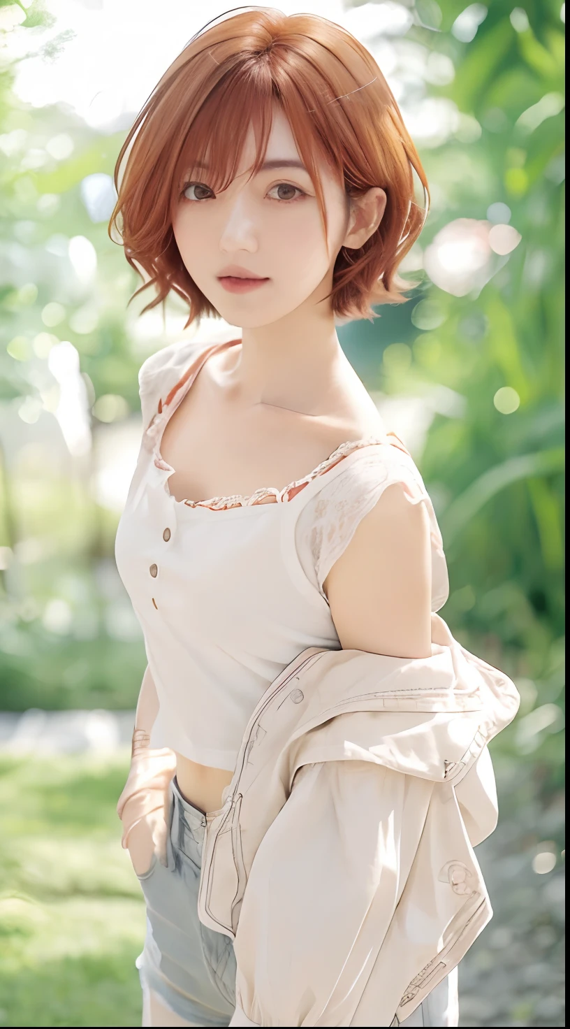 1girl, Higuchi madoka, white top, short hair, orange hair, 8k, relistic, ultra detail, 70mm lens,